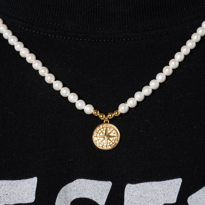Freshwater Pearl Compass Necklace (Gold) 6mm