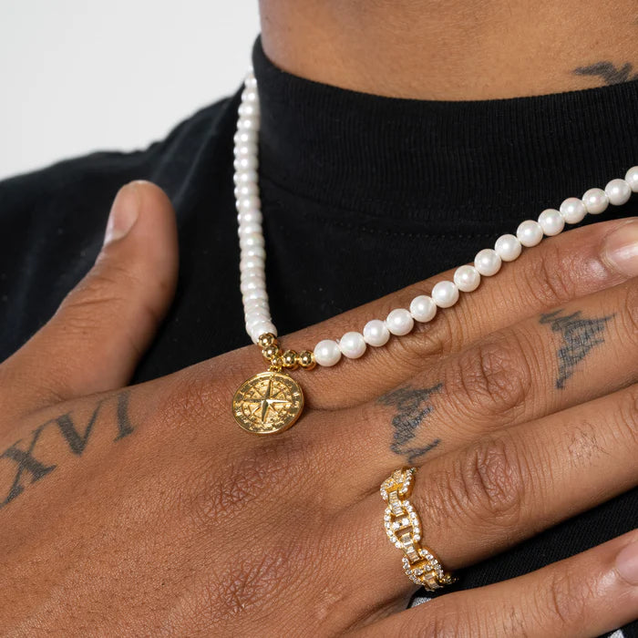 Freshwater Pearl Compass Necklace (Gold) 6mm