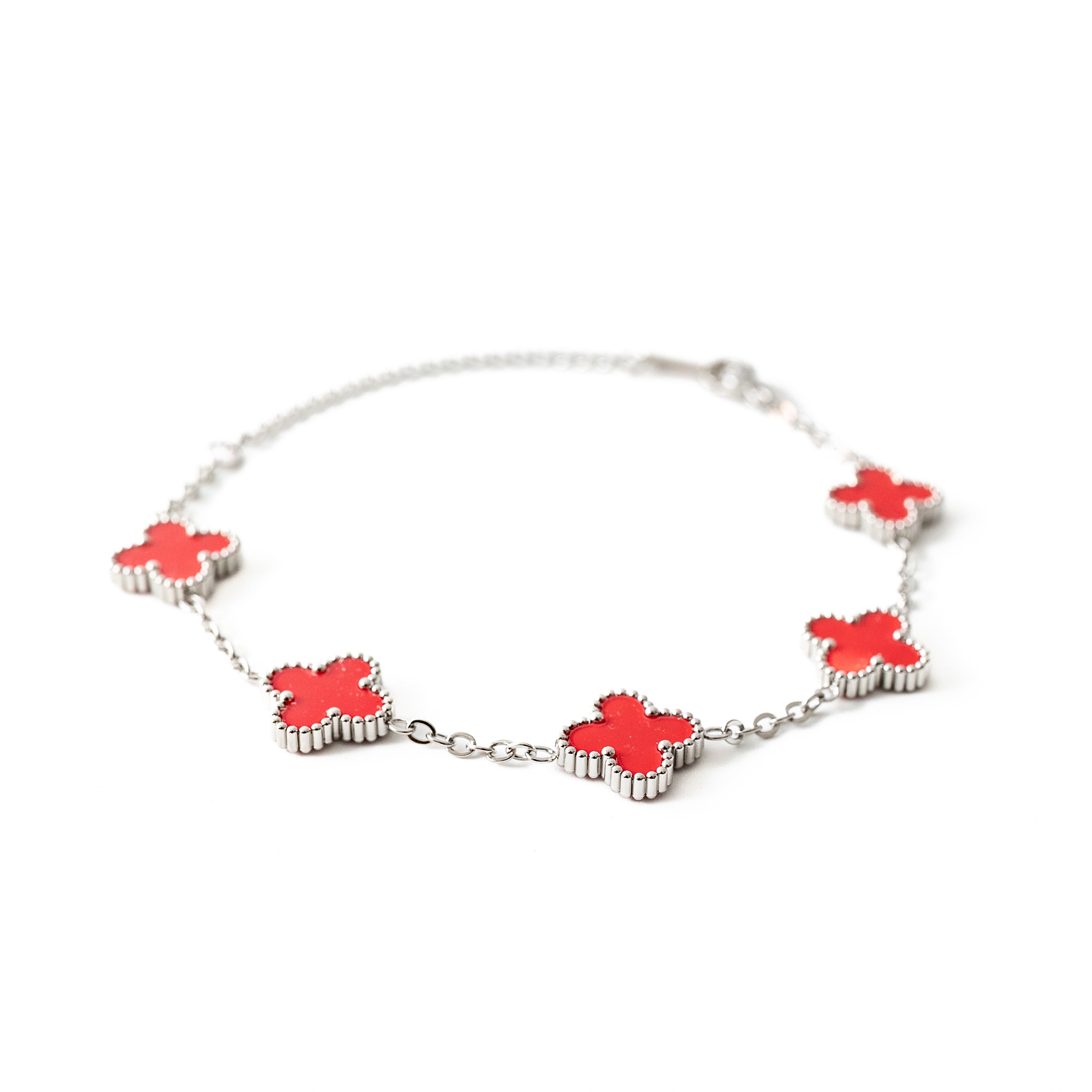 Silver Clover Bracelet (Red)