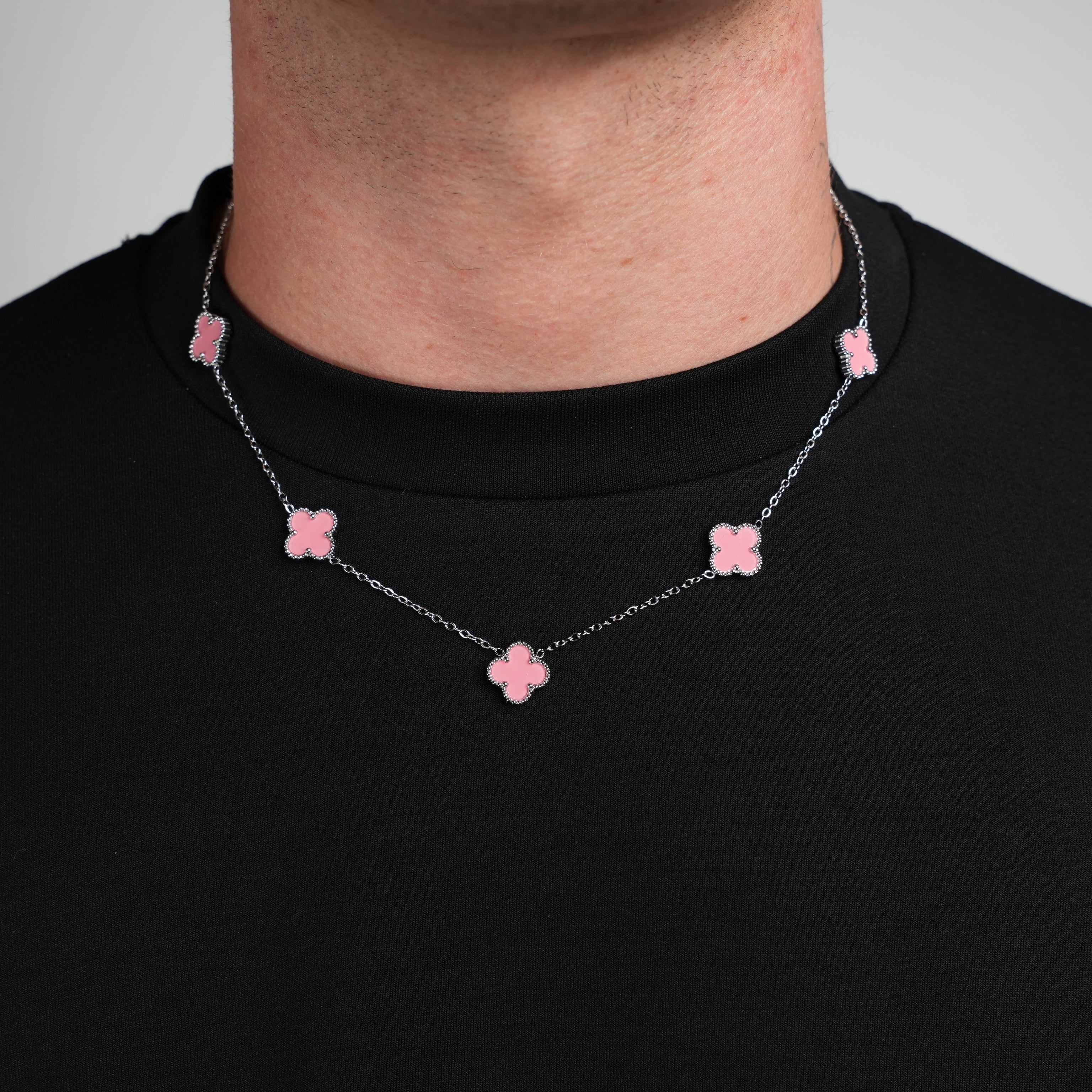 Silver Clover Necklace (Baby Pink)