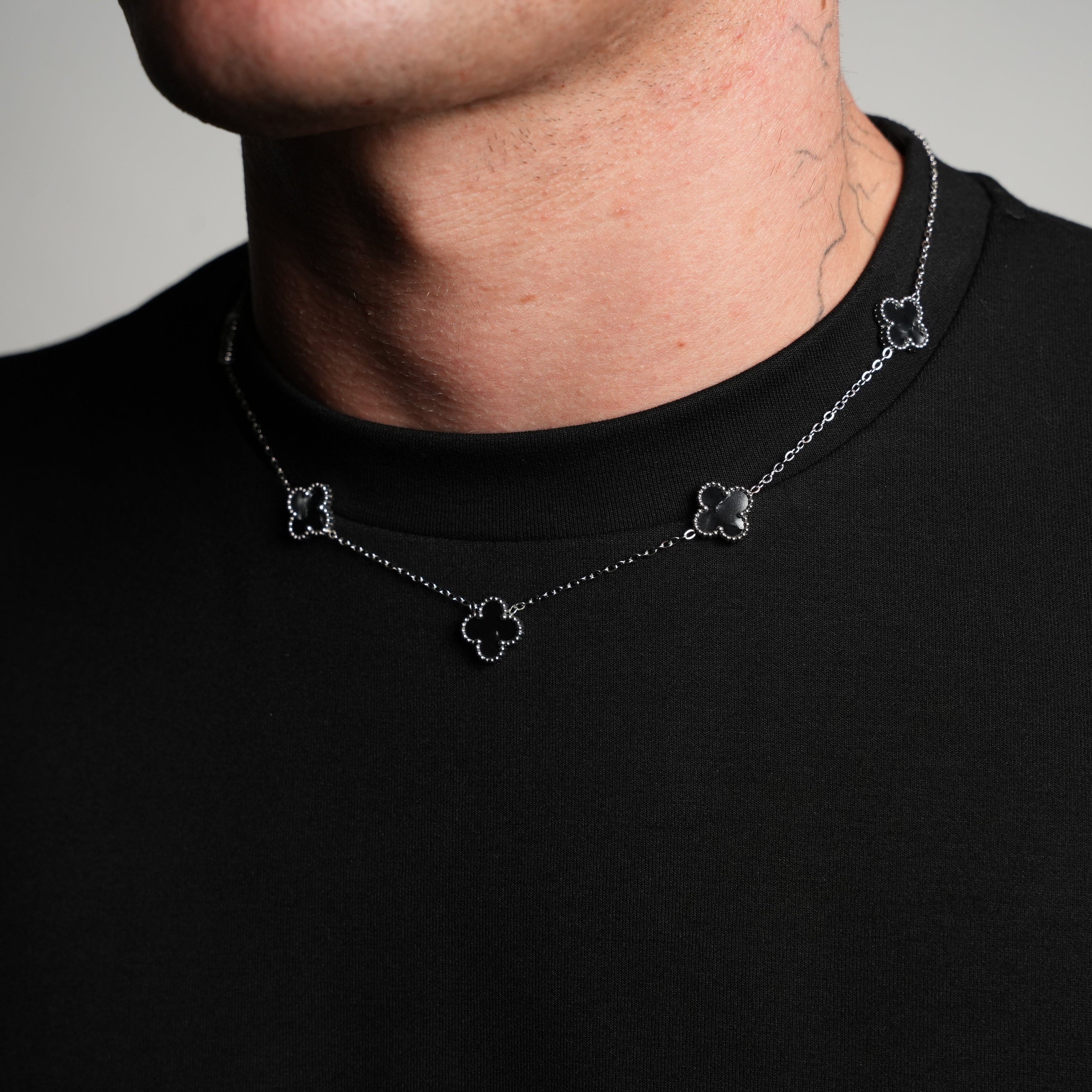 Silver Pearl Clover Necklace (Black)