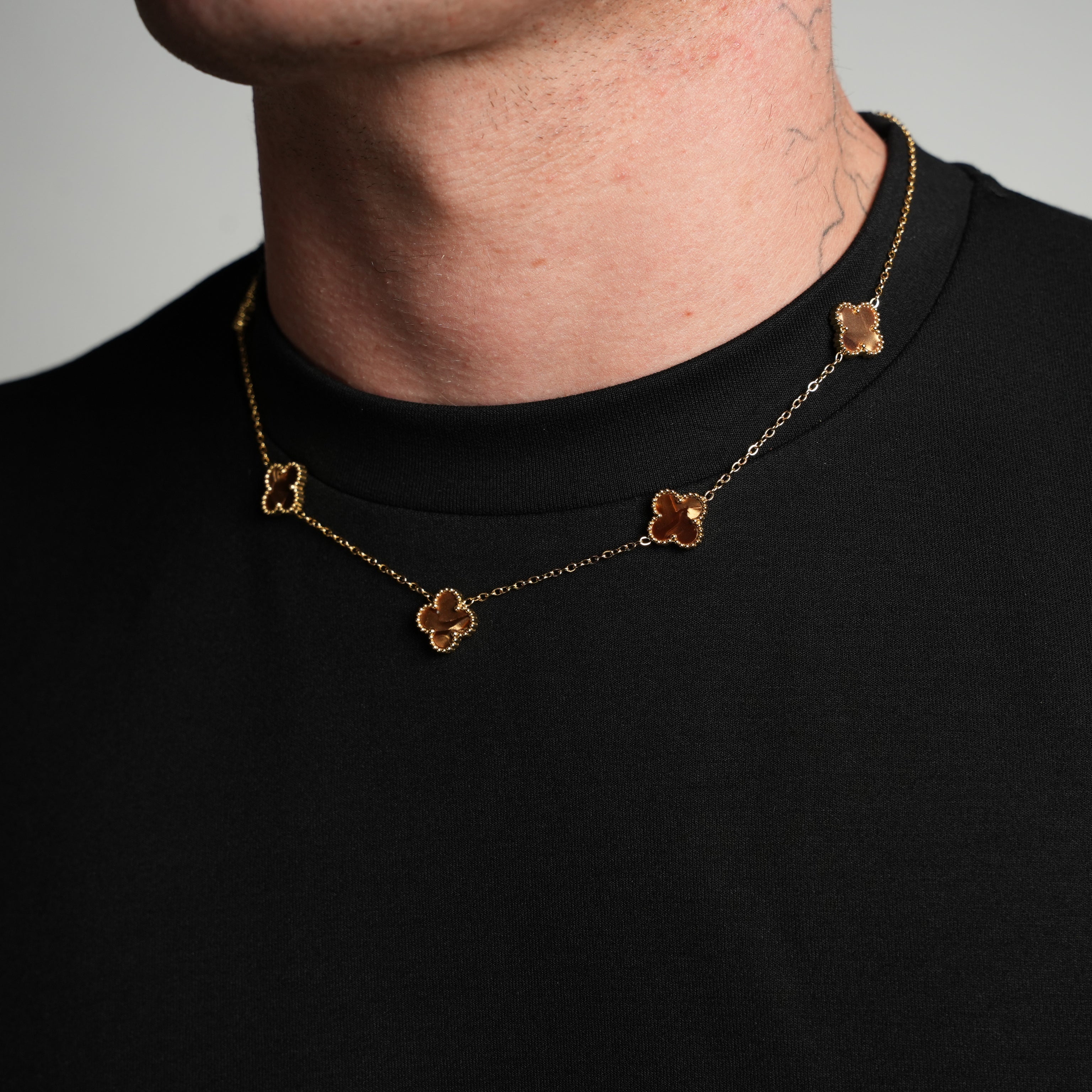 Gold Pearl Clover Necklace (Chocolate)