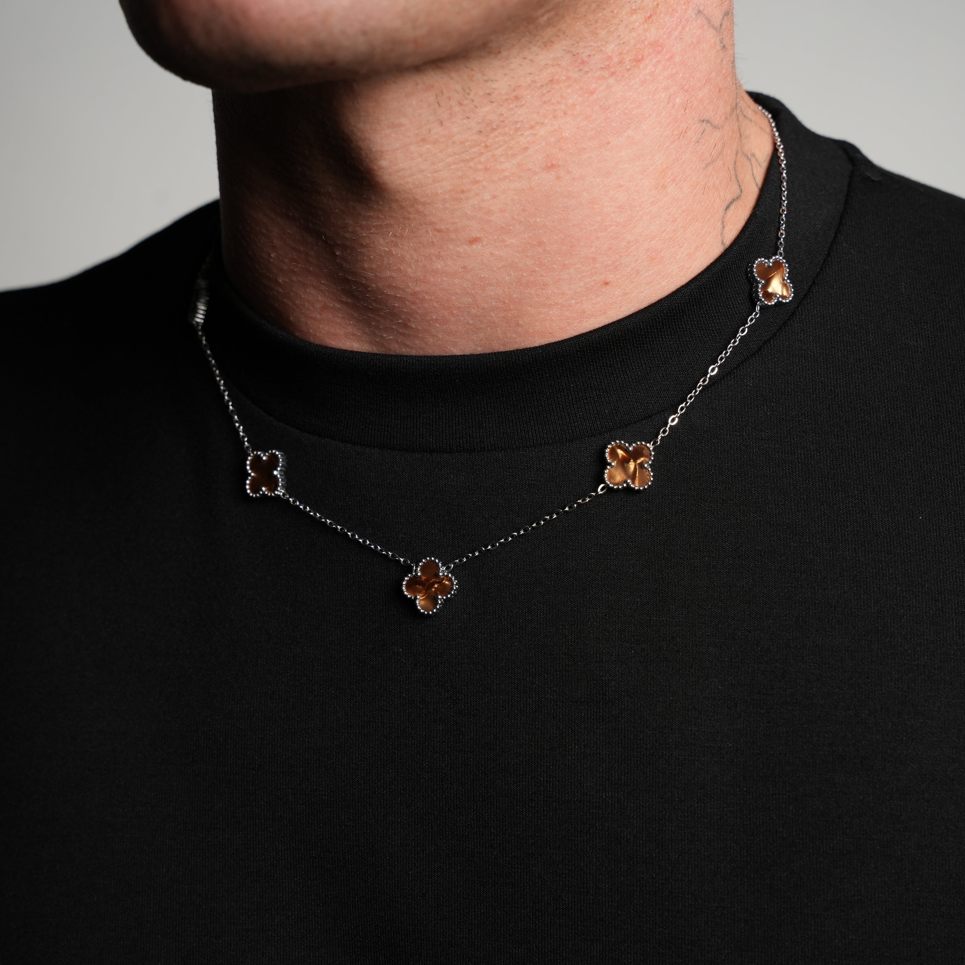 Silver Pearl Clover Necklace (Chocolate)