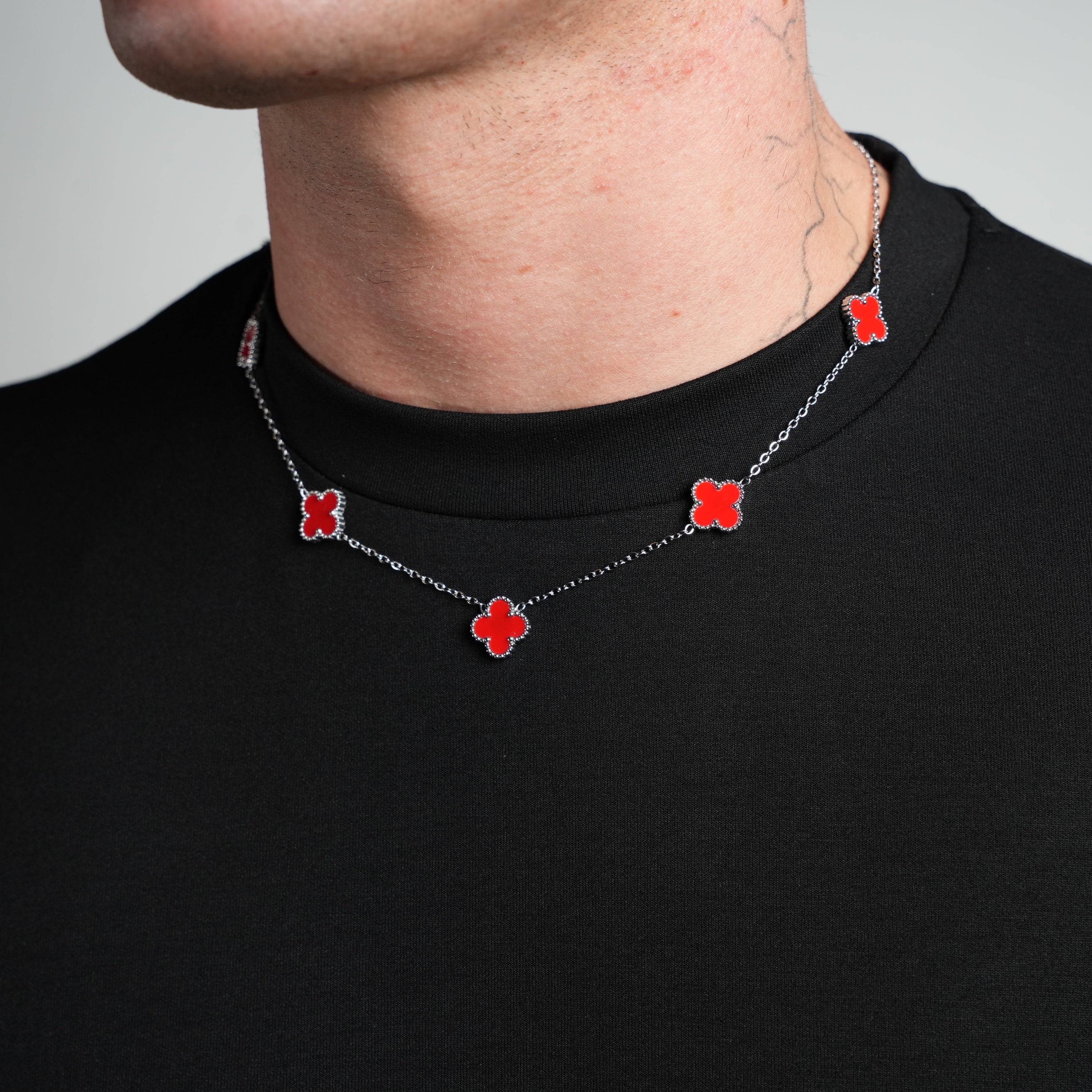 Silver Clover Necklace (Red)