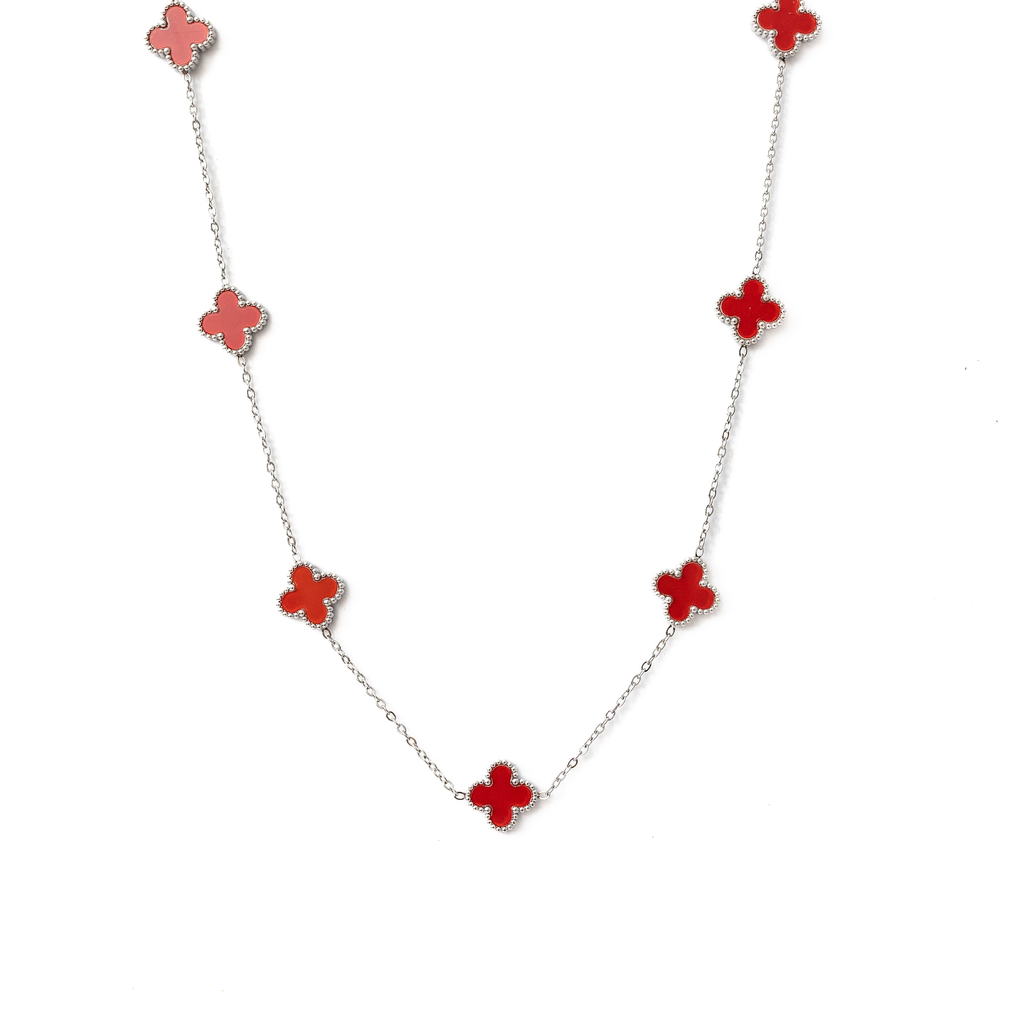Silver Clover Necklace (Red)