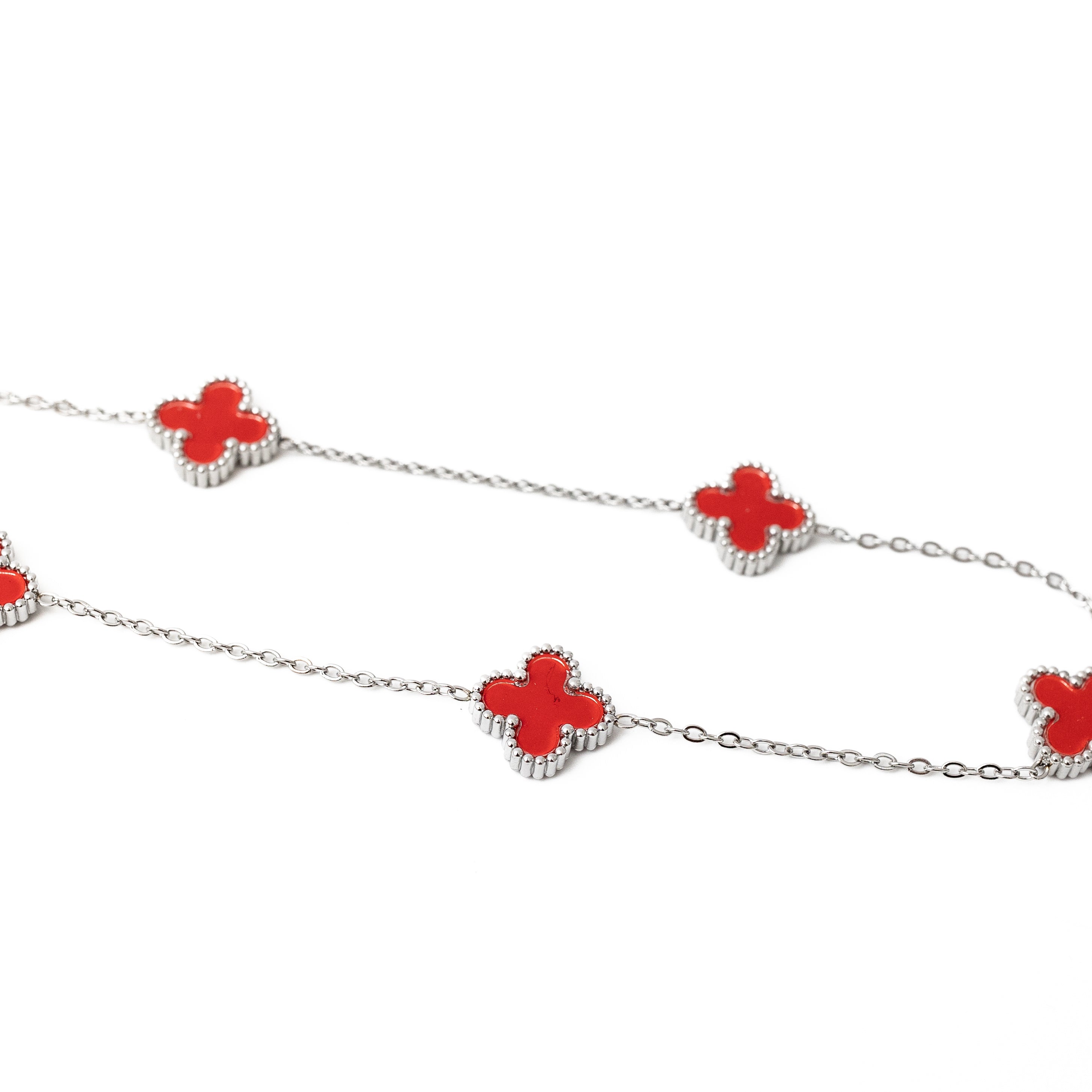 Silver Clover Necklace (Red)