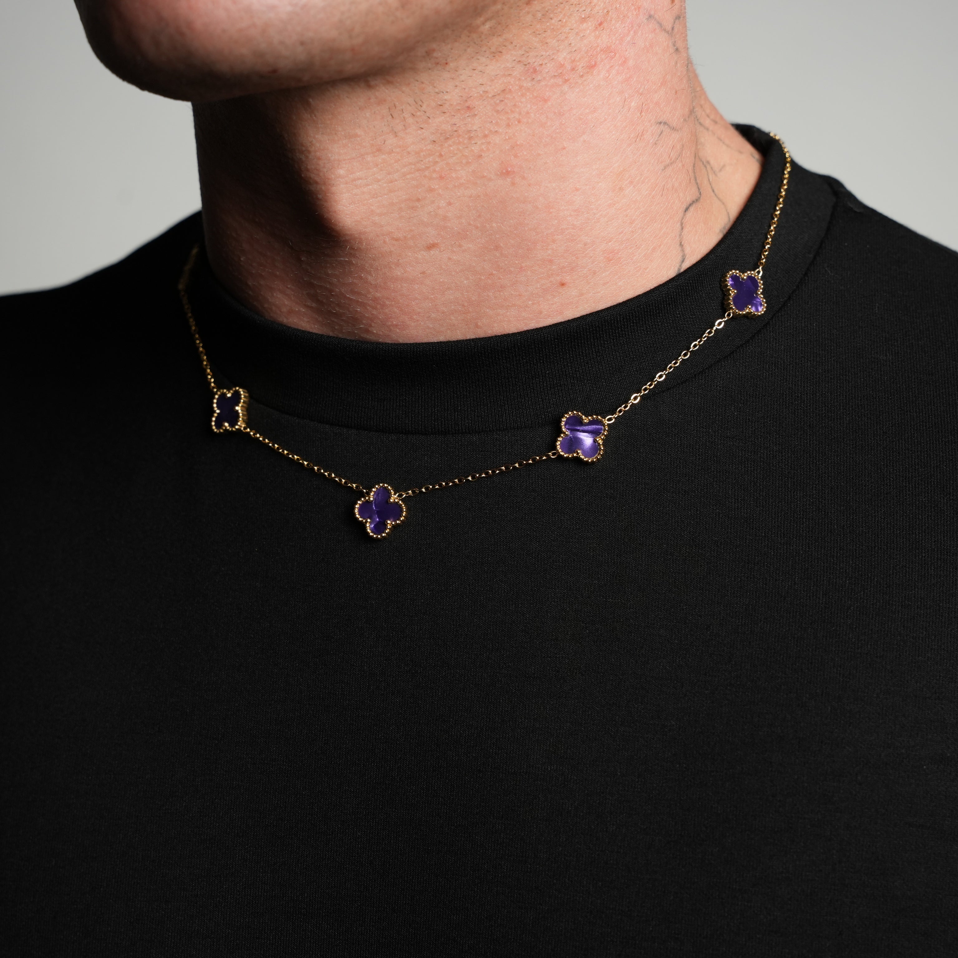 Gold Pearl Clover Necklace (Purple)