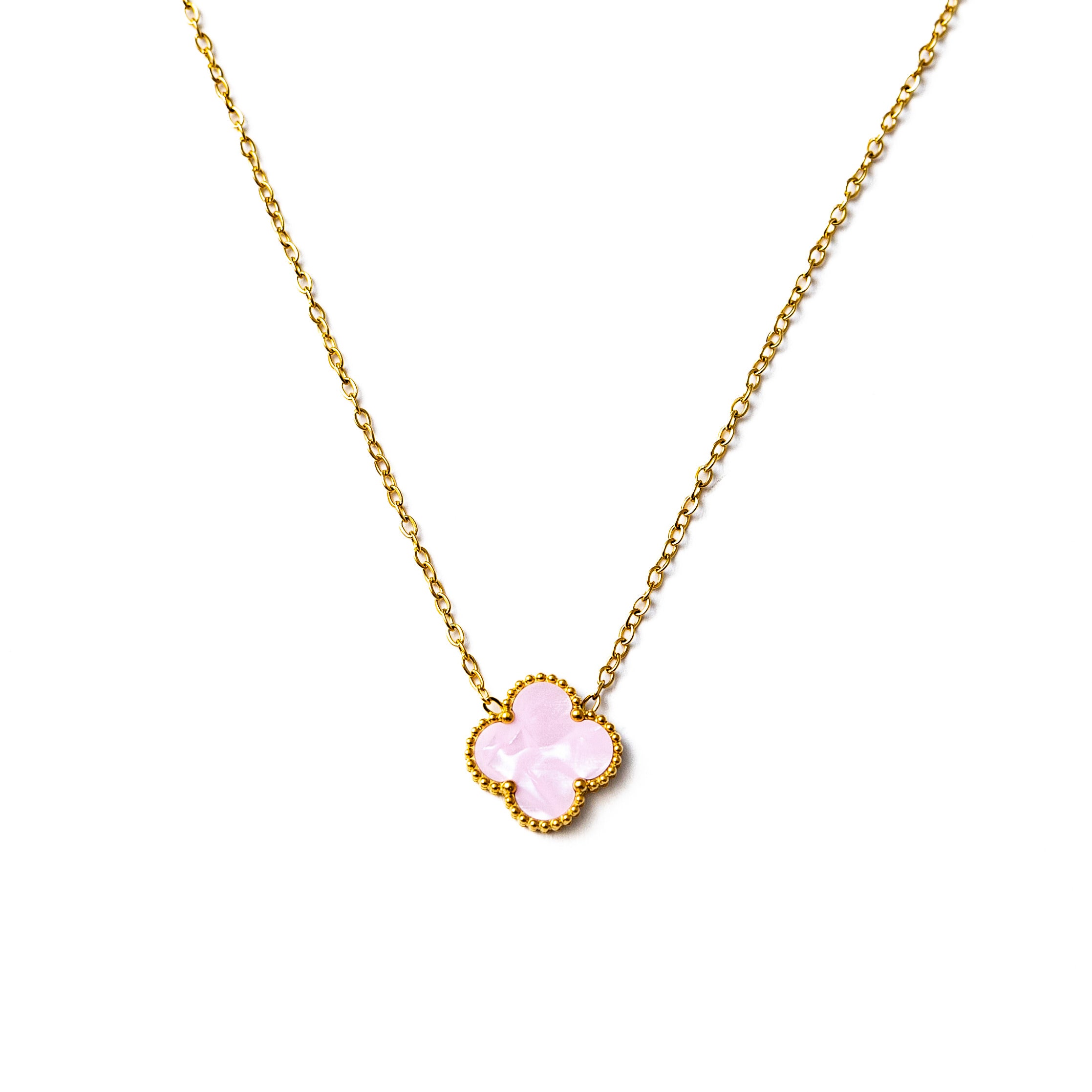 Gold Single Clover Necklace (Baby Pink)