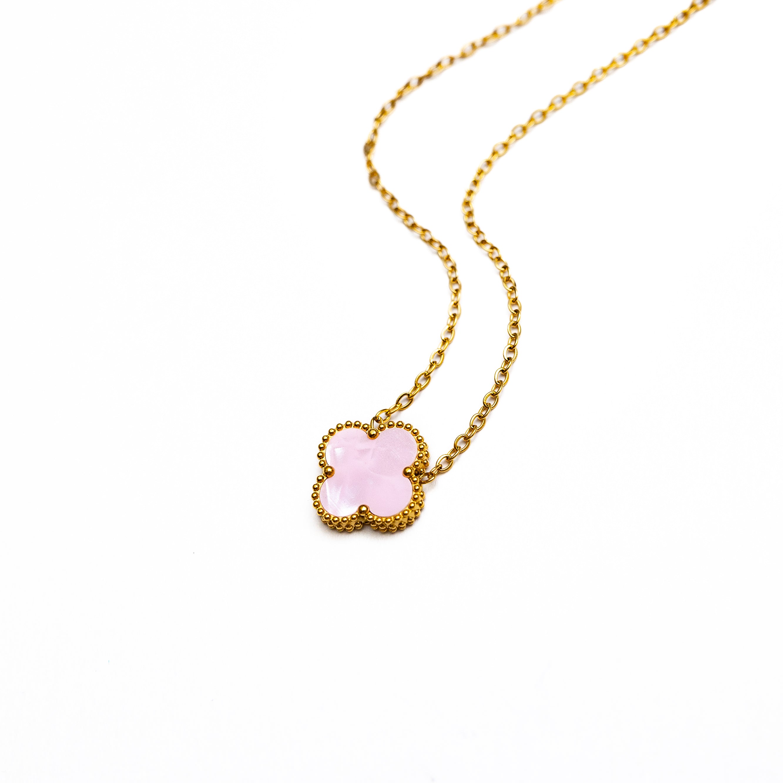 Gold Single Clover Necklace (Baby Pink)