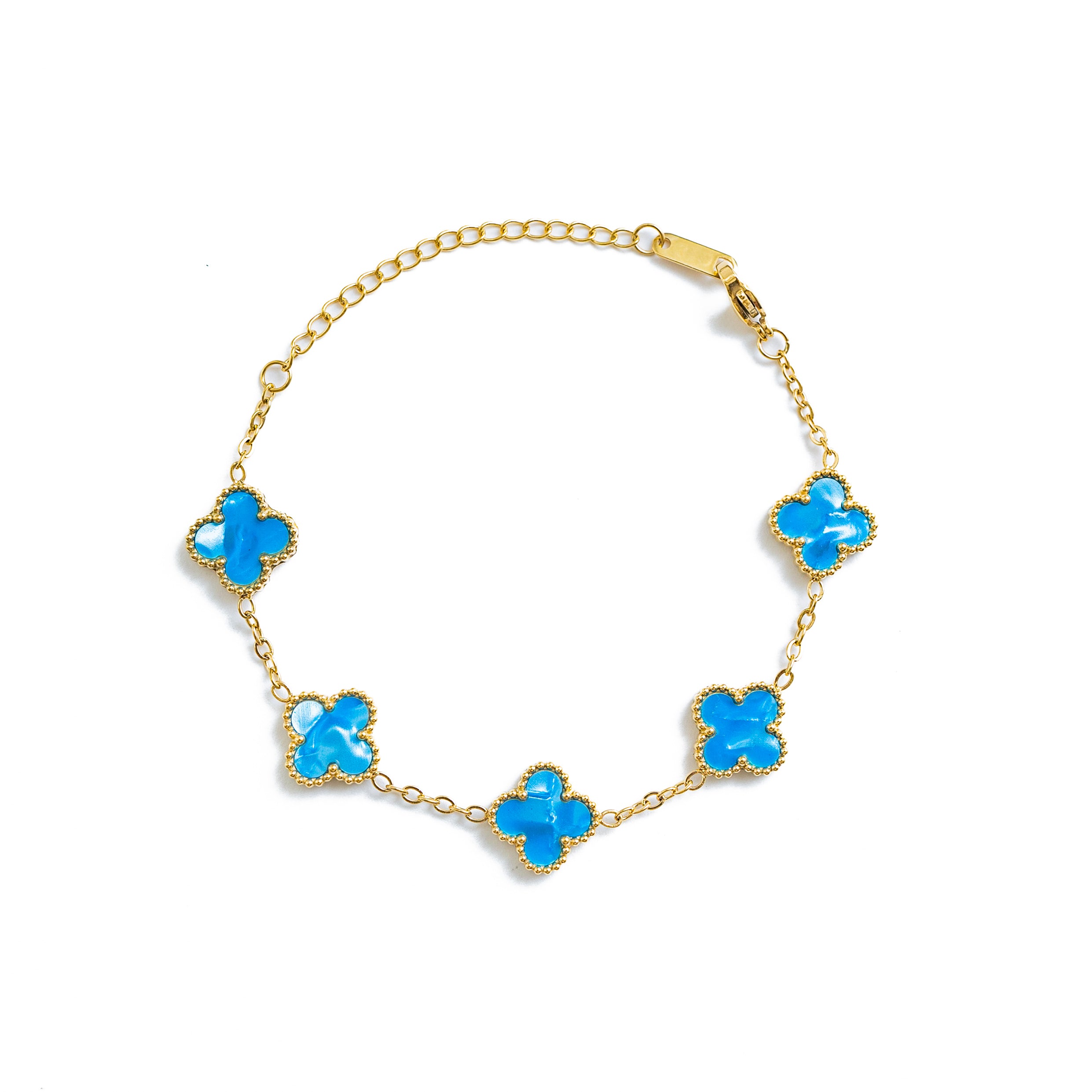Gold Pearl Clover Bracelet (Blue)