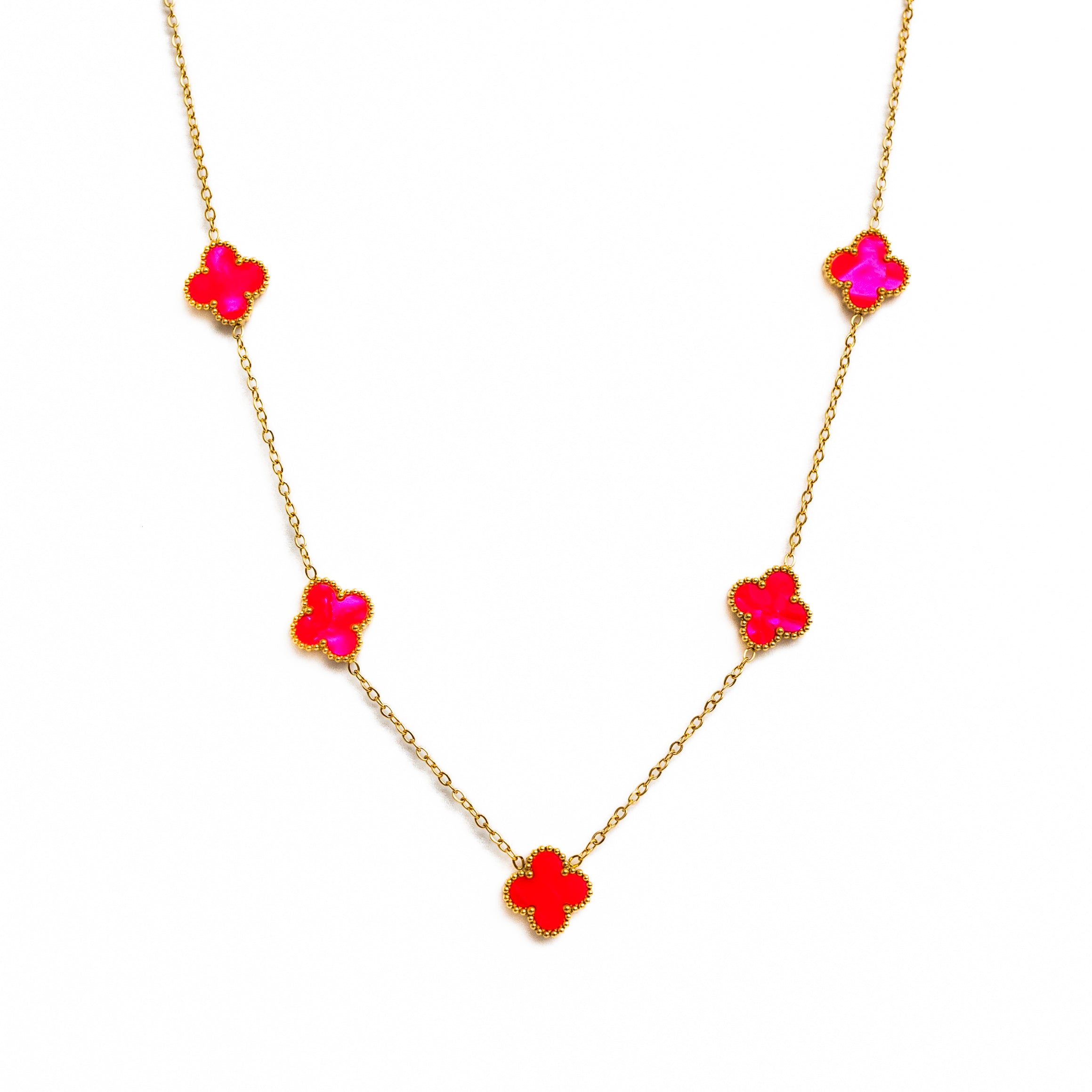 Gold Pearl Clover Necklace (Pink)