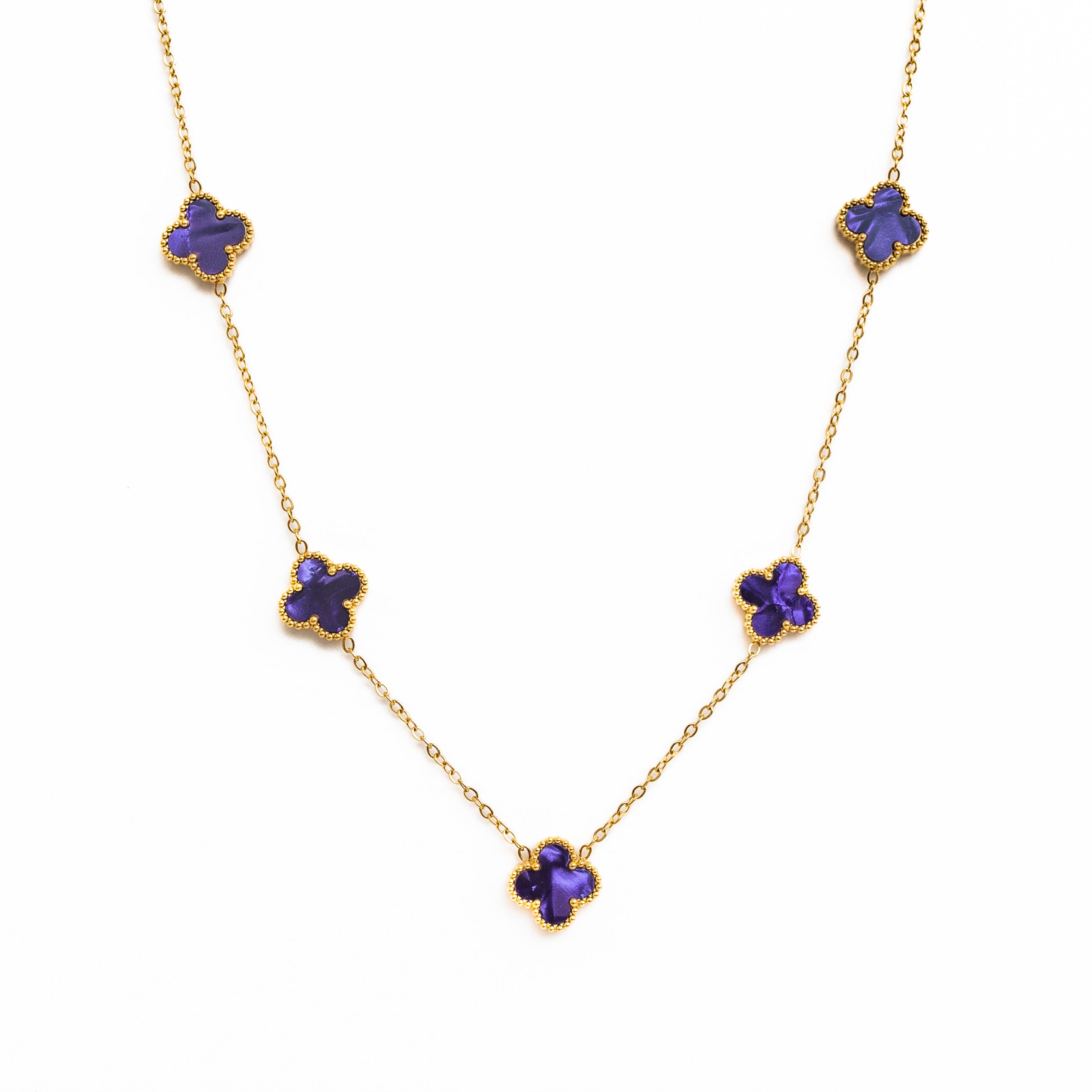 Gold Pearl Clover Necklace (Purple)