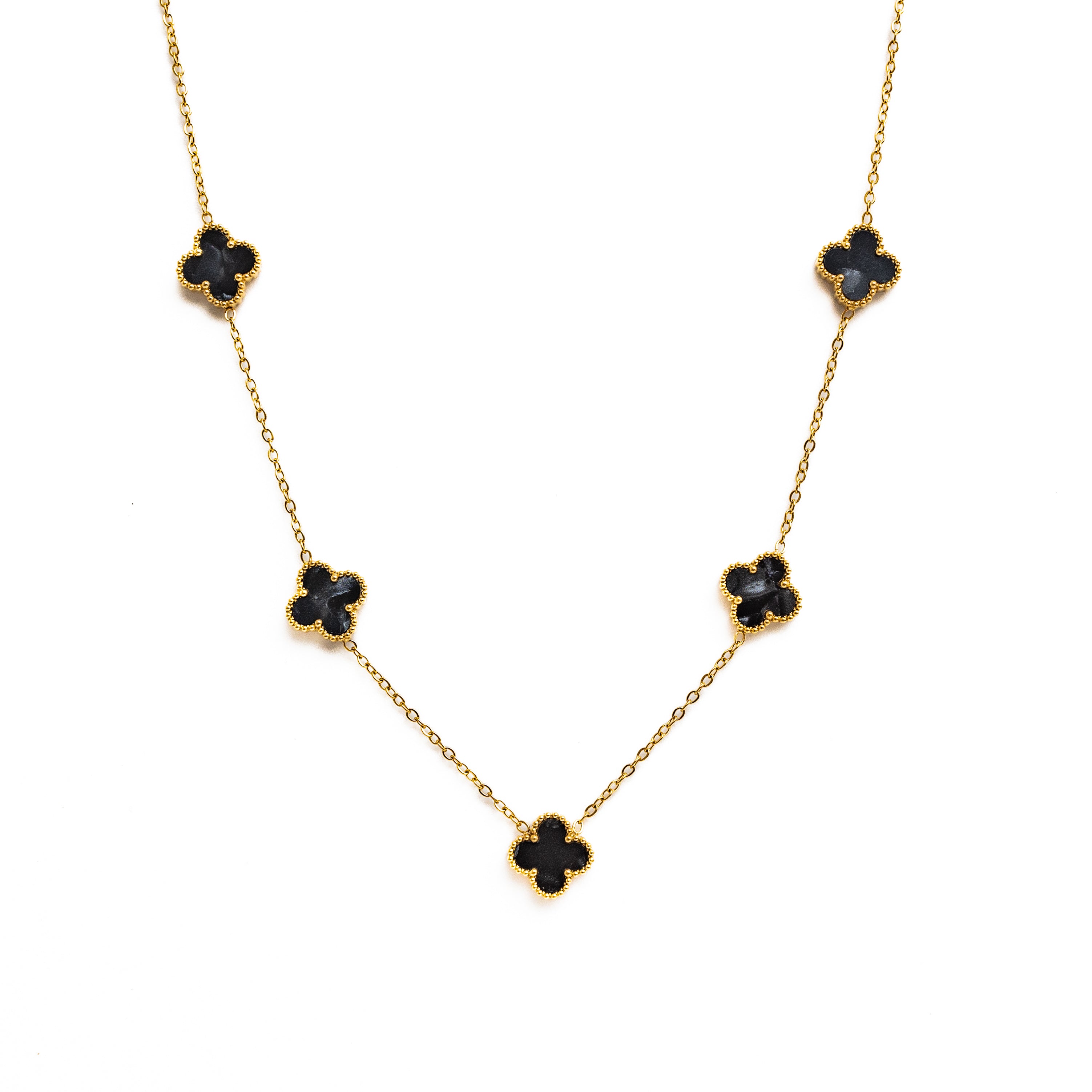 Gold Pearl Clover Necklace (Black)