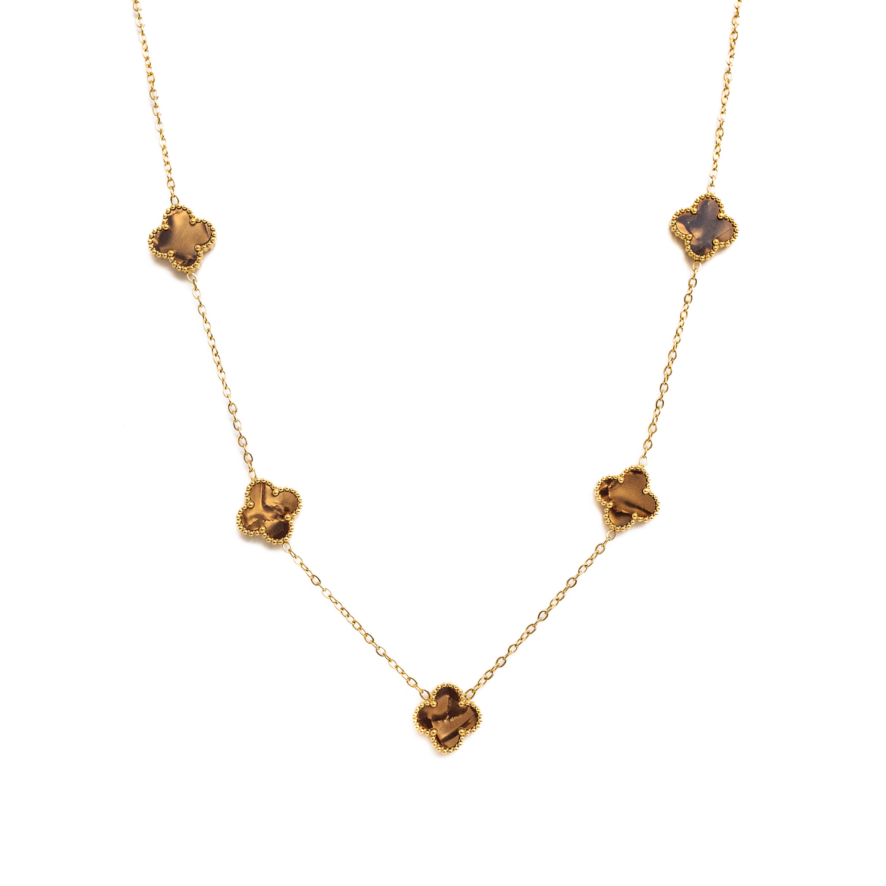 Gold Pearl Clover Necklace (Chocolate)