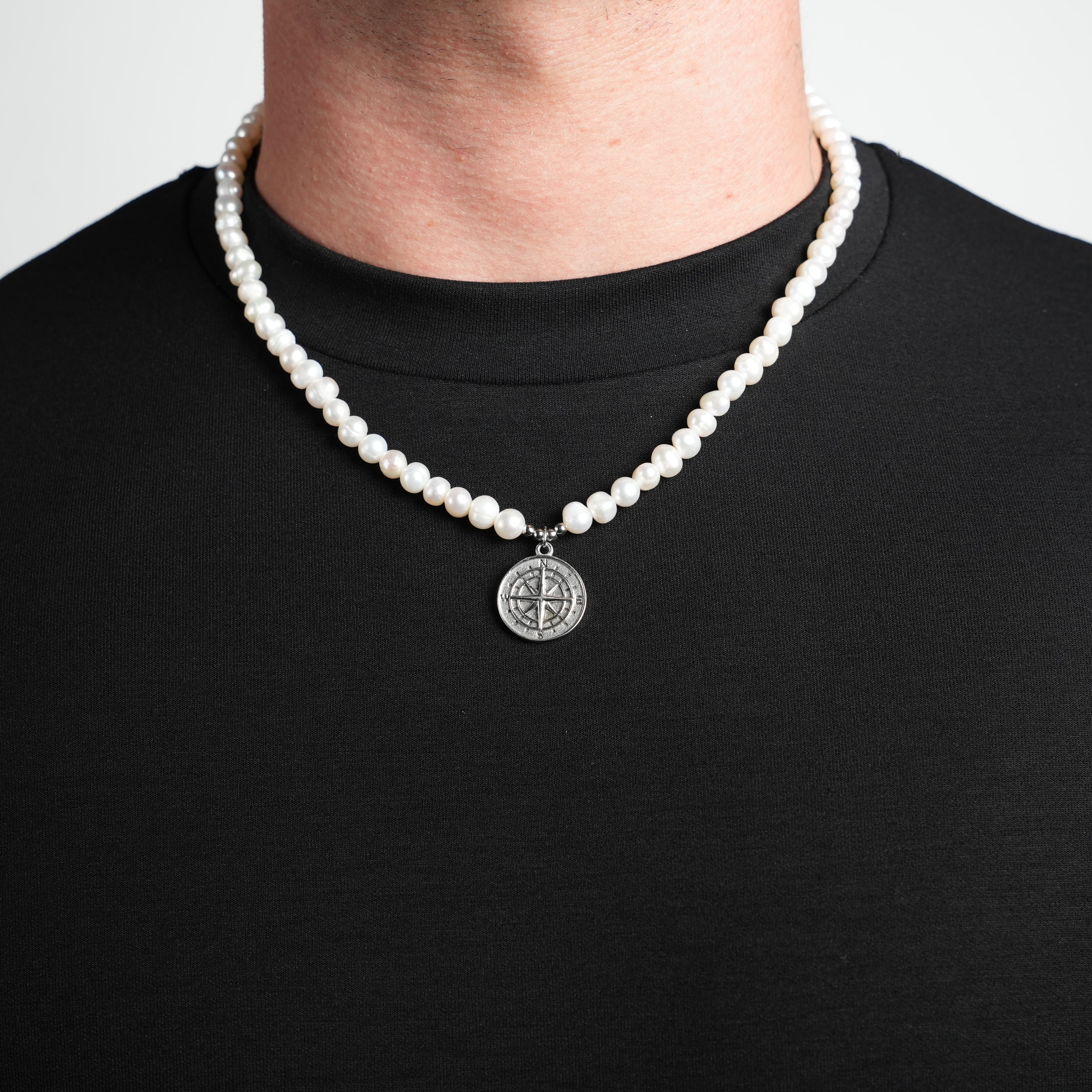 Freshwater Pearl Compass Necklace (Silver) 6mm