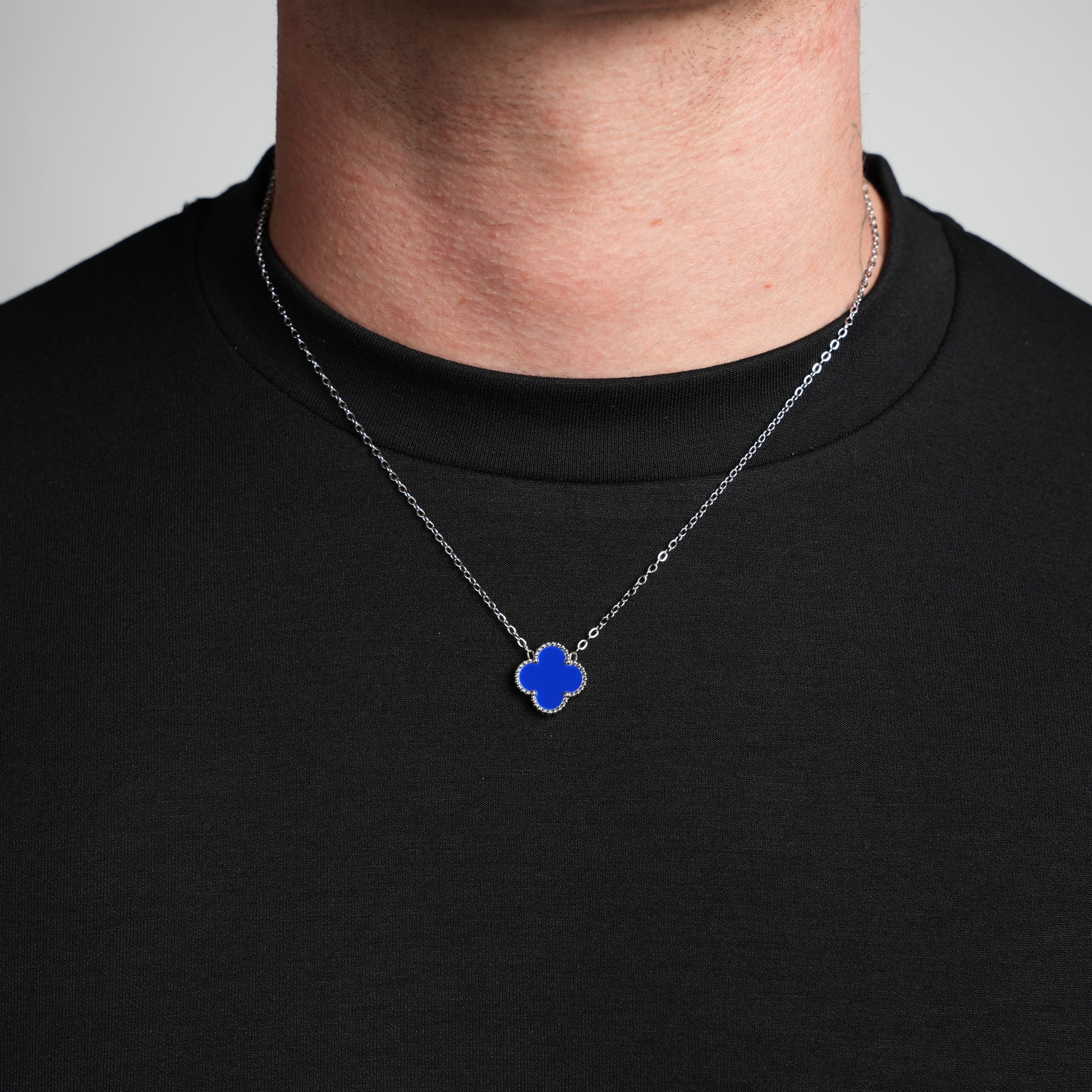 Silver Single Clover Necklace (Blue)