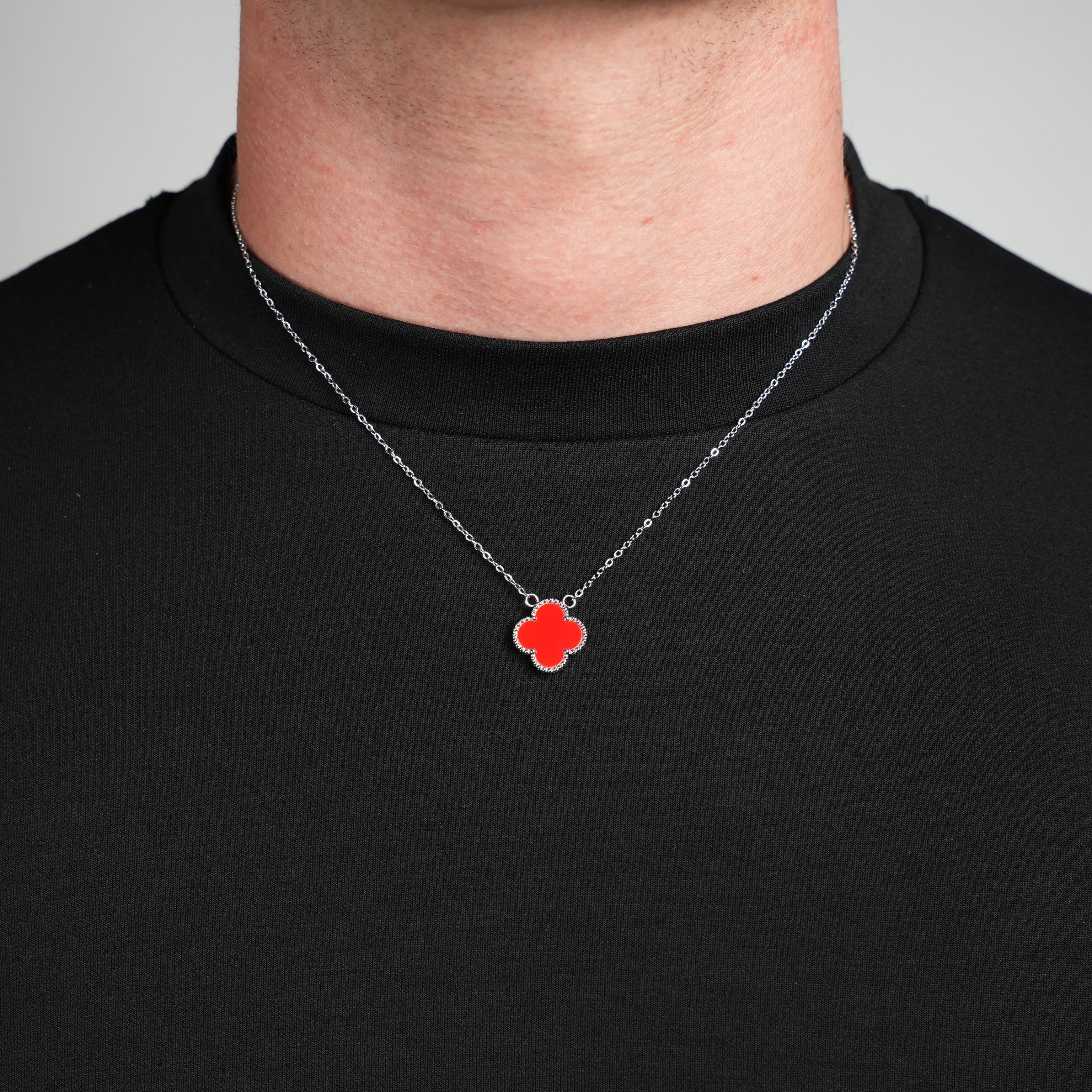 Silver Single Clover Necklace (Red)
