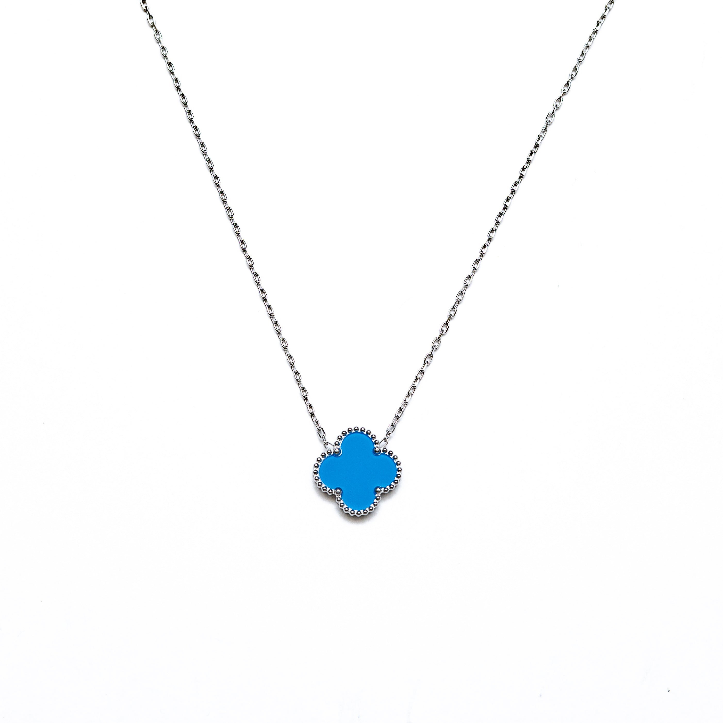 Silver Single Clover Necklace (Blue)