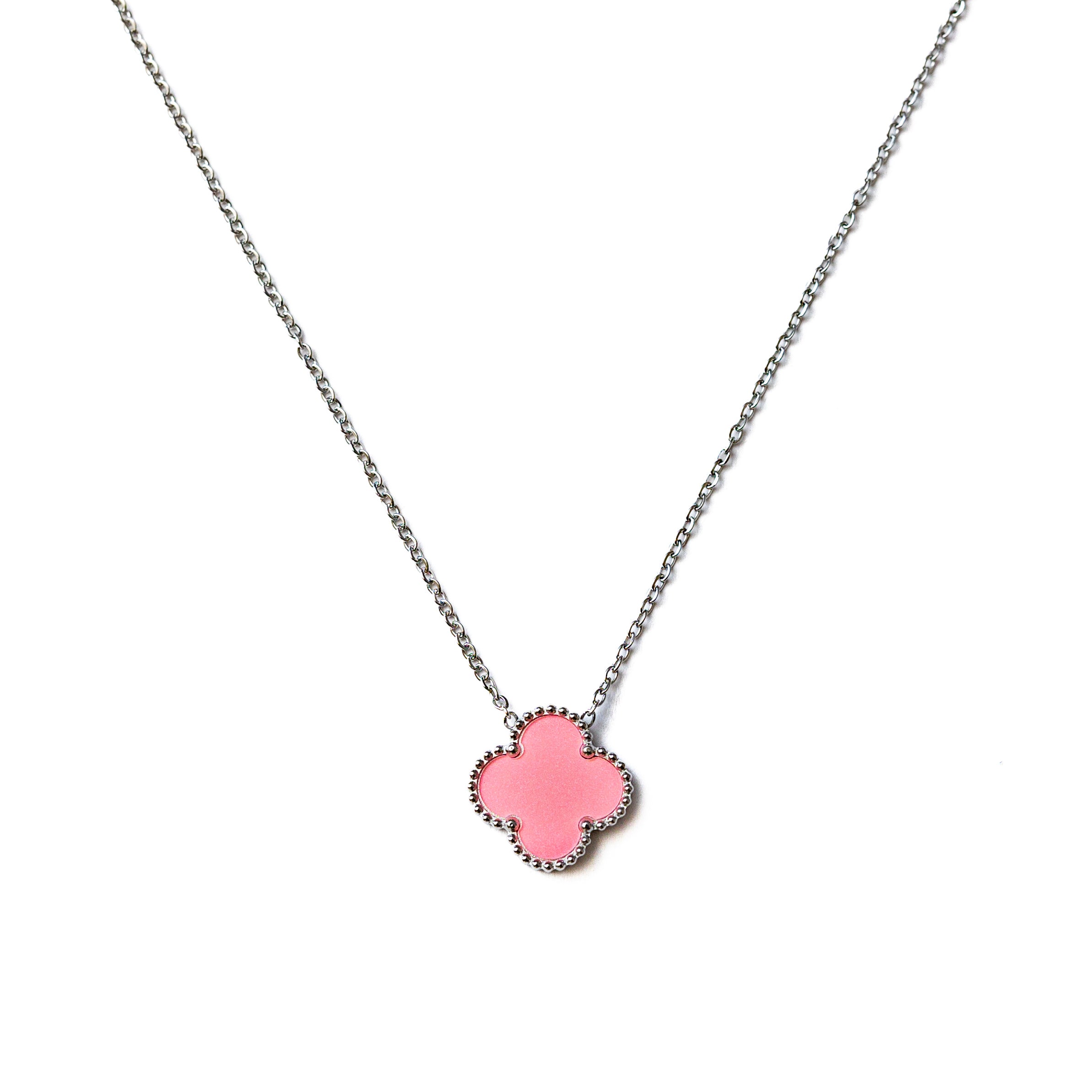 Silver Single Clover Necklace (Pink)