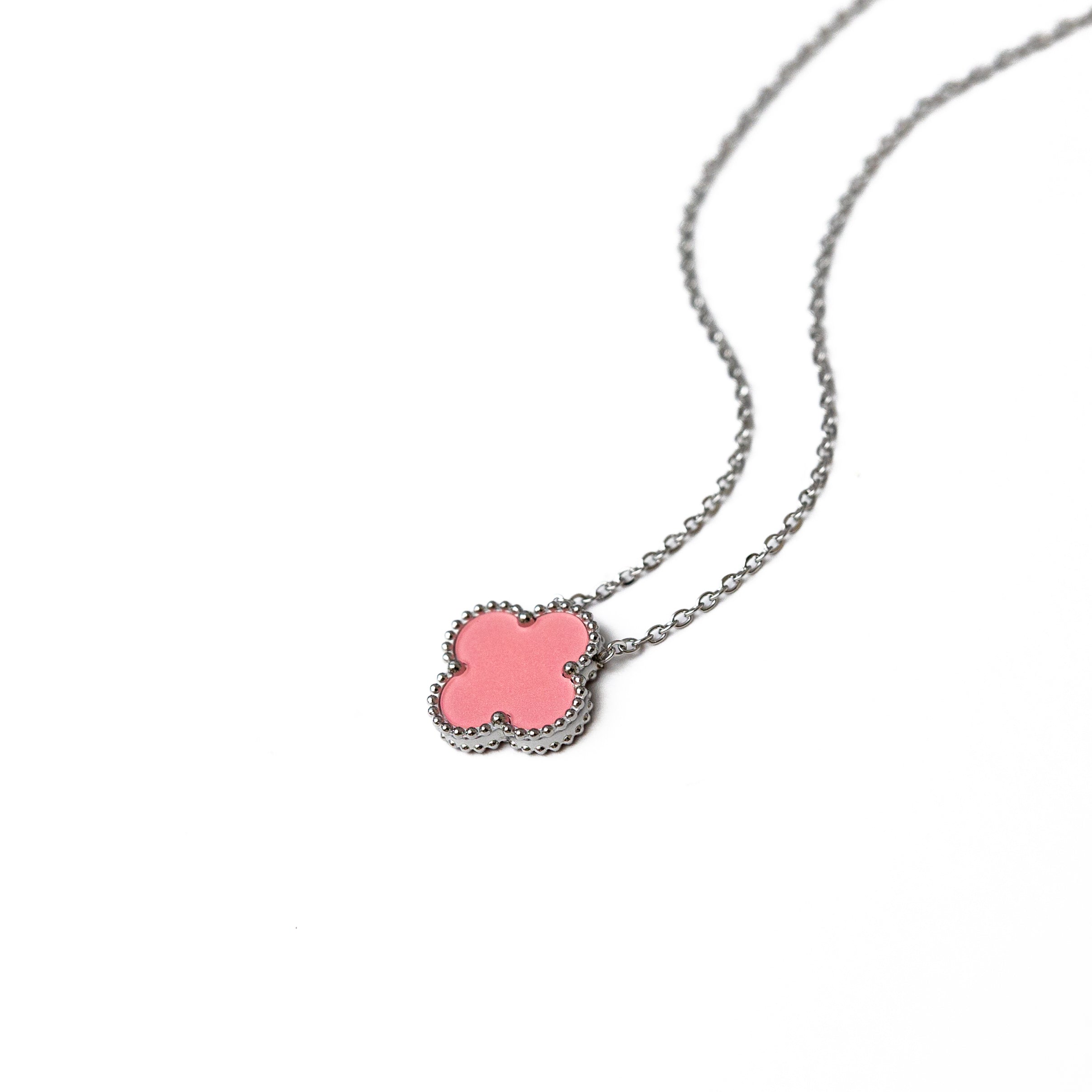 Silver Single Clover Necklace (Pink)