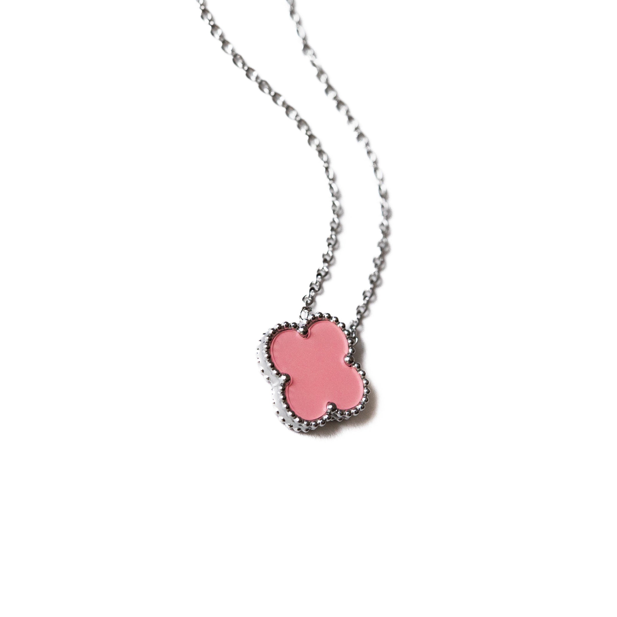 Silver Single Clover Necklace (Pink)