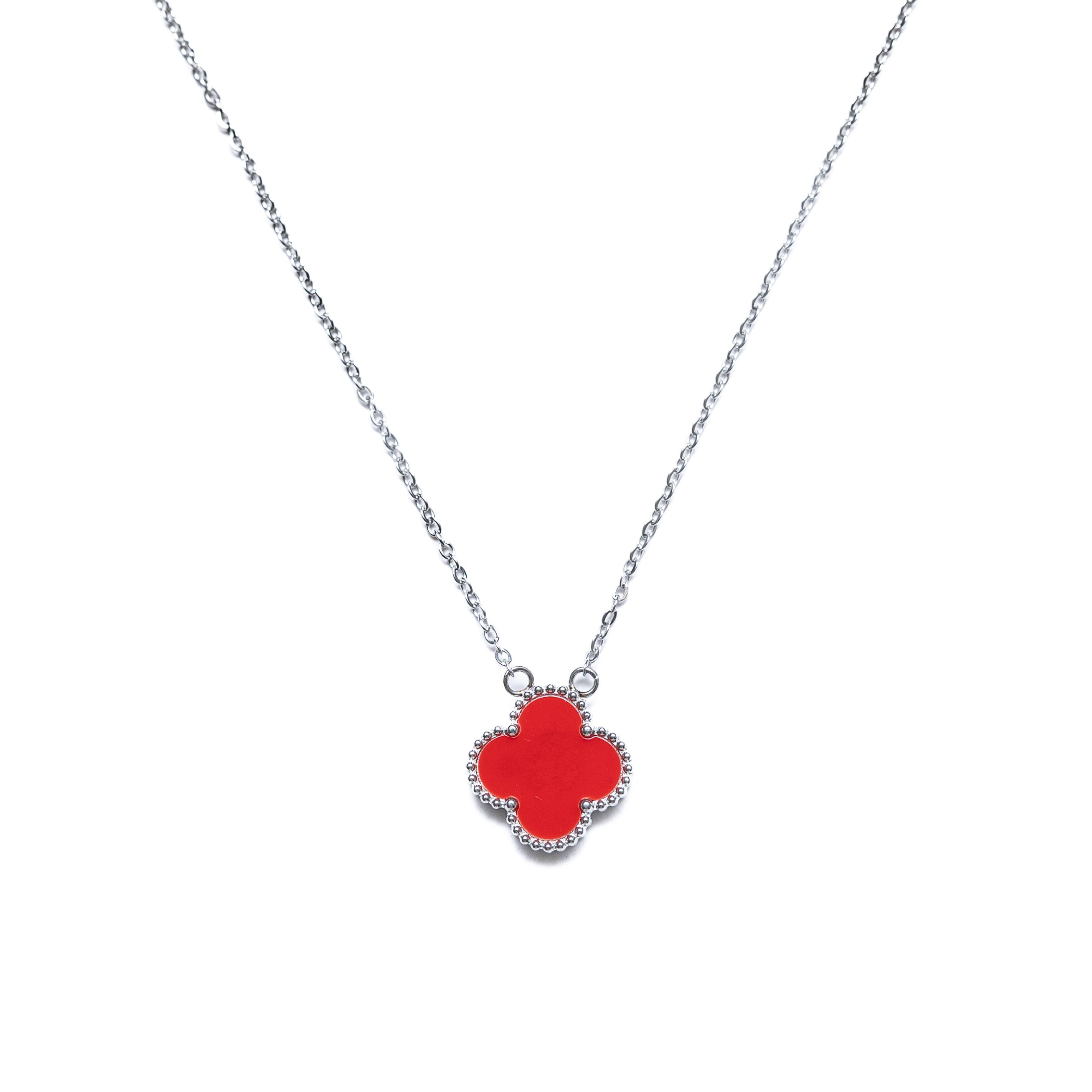 Silver Single Clover Necklace (Red)