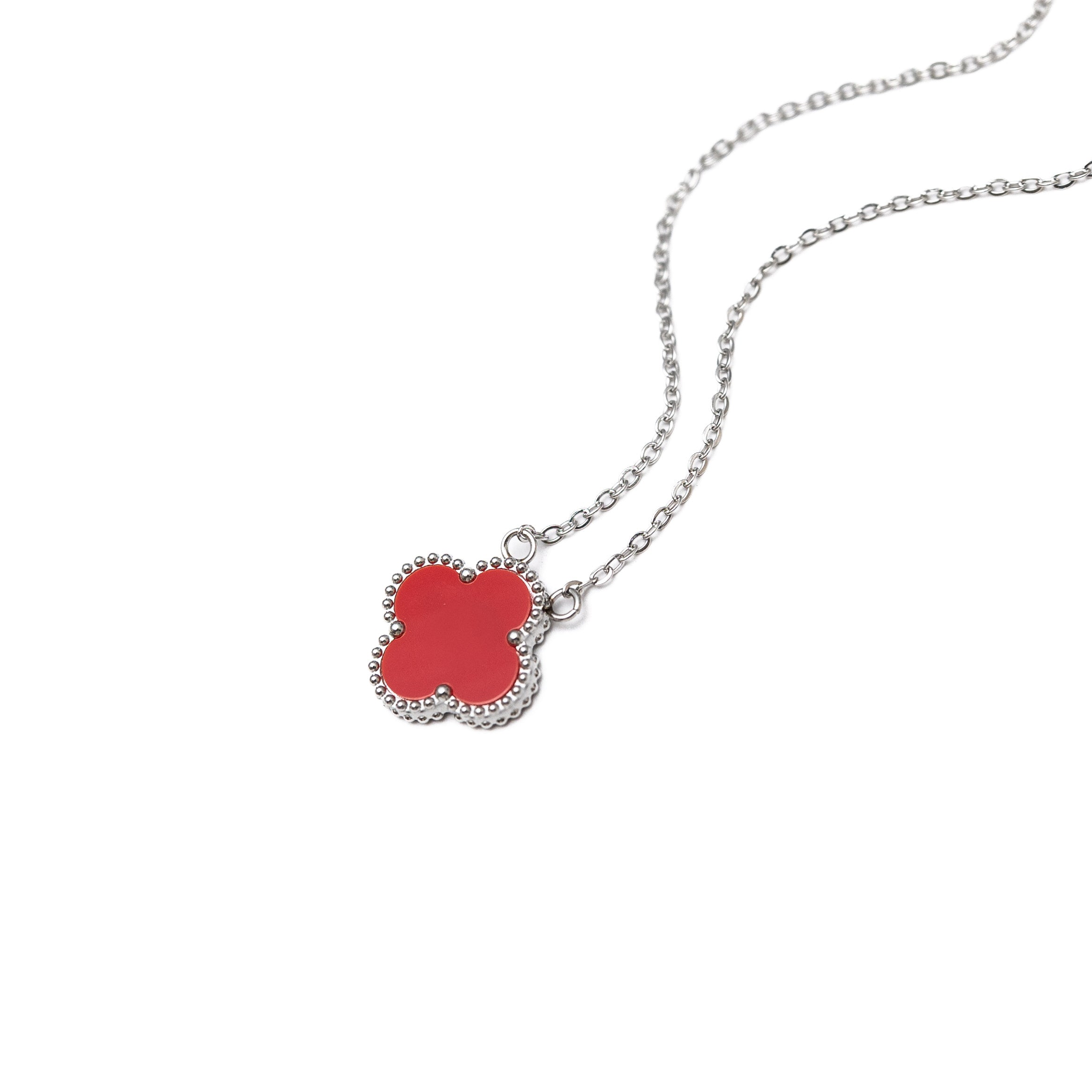 Silver Single Clover Necklace (Red)