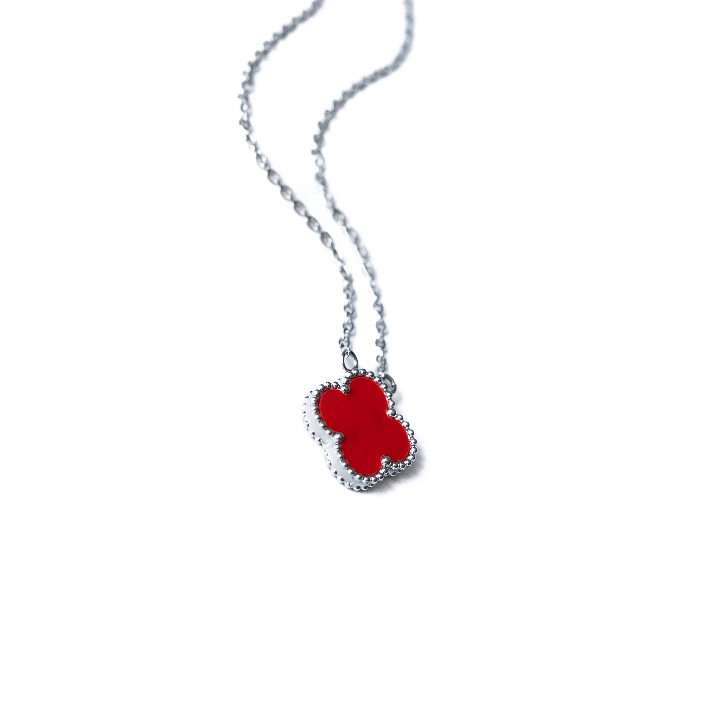 Silver Single Clover Necklace (Red)