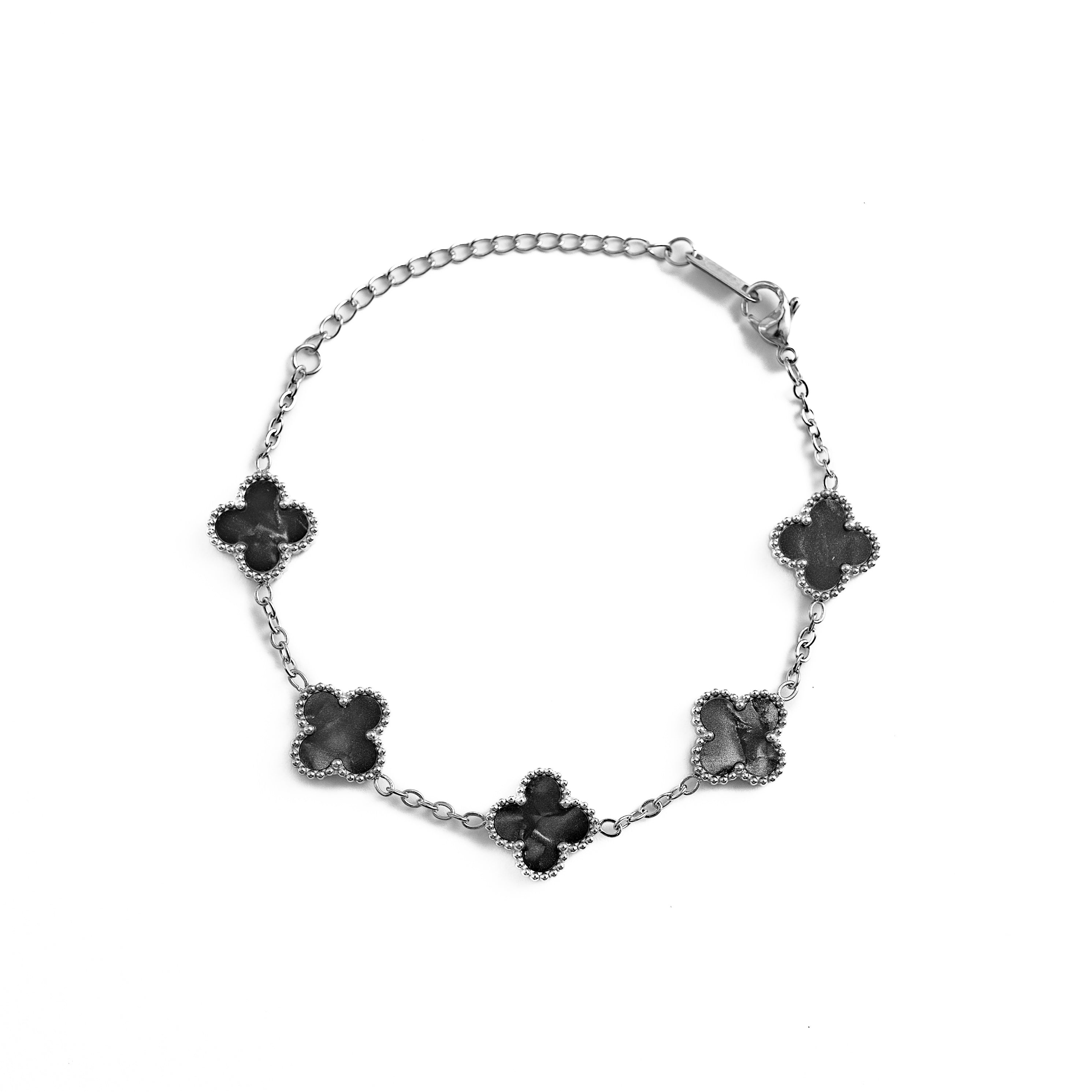 Silver Pearl Clover Bracelet (Black)