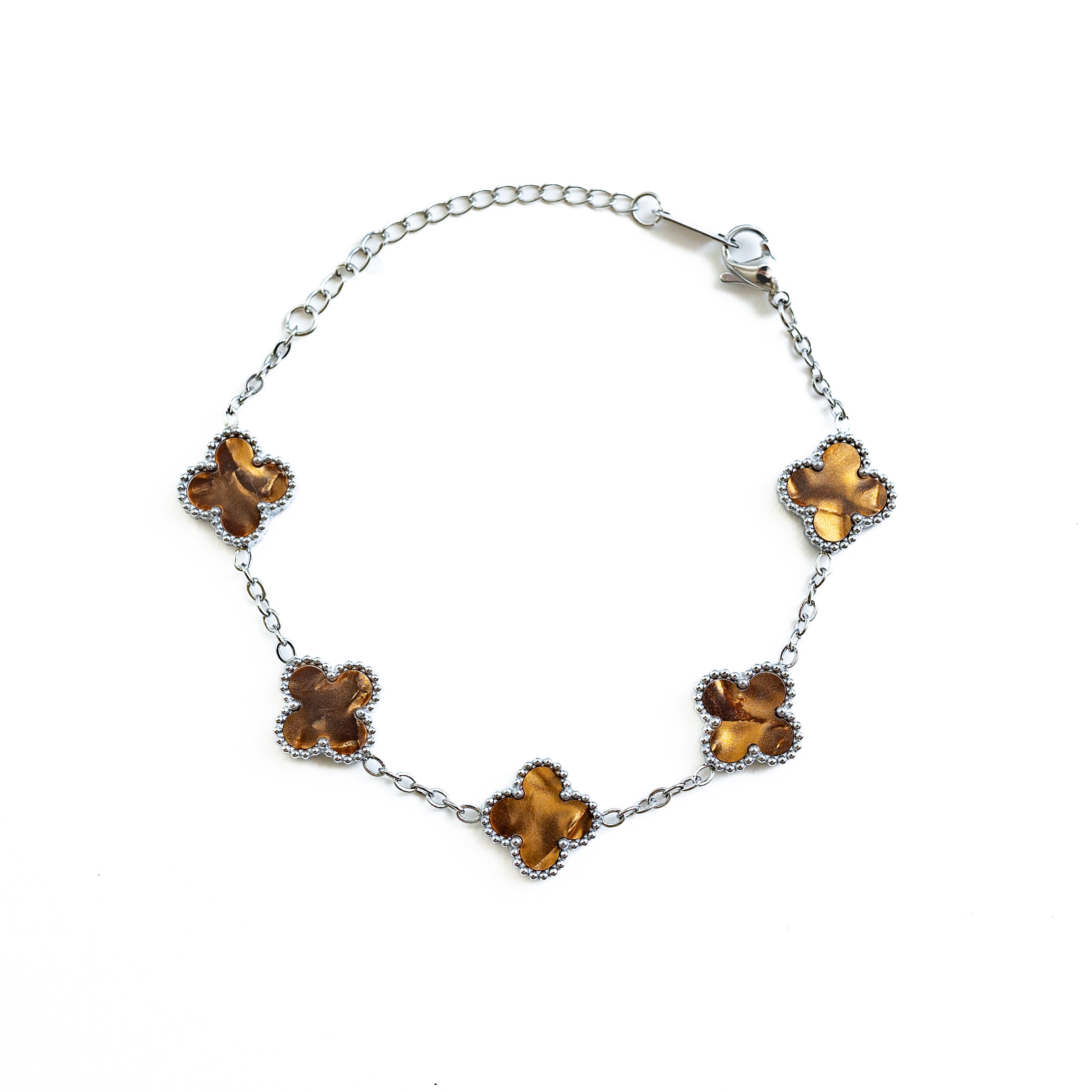 Silver Pearl Clover Bracelet (Chocolate)