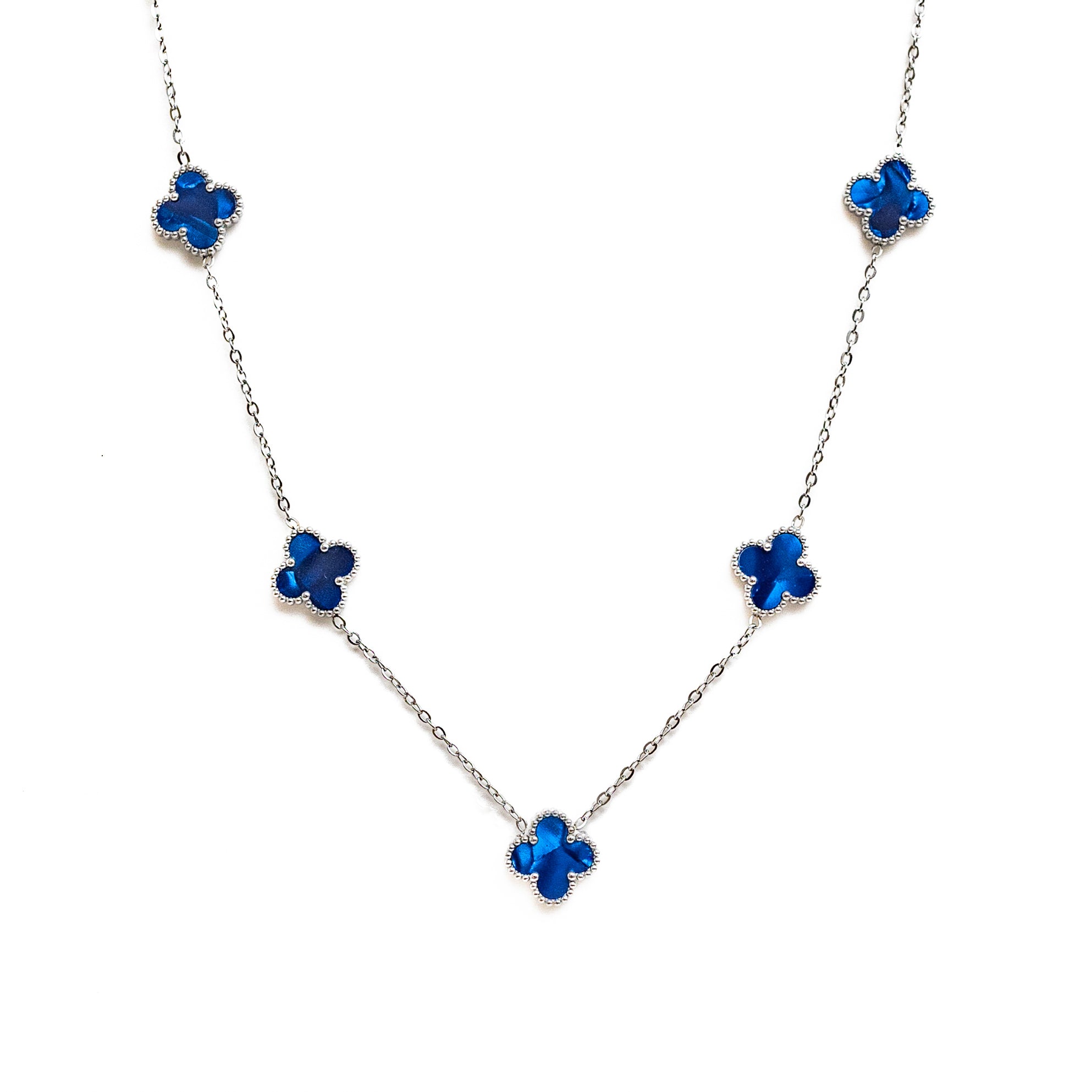Silver Pearl Clover Necklace (Navy)