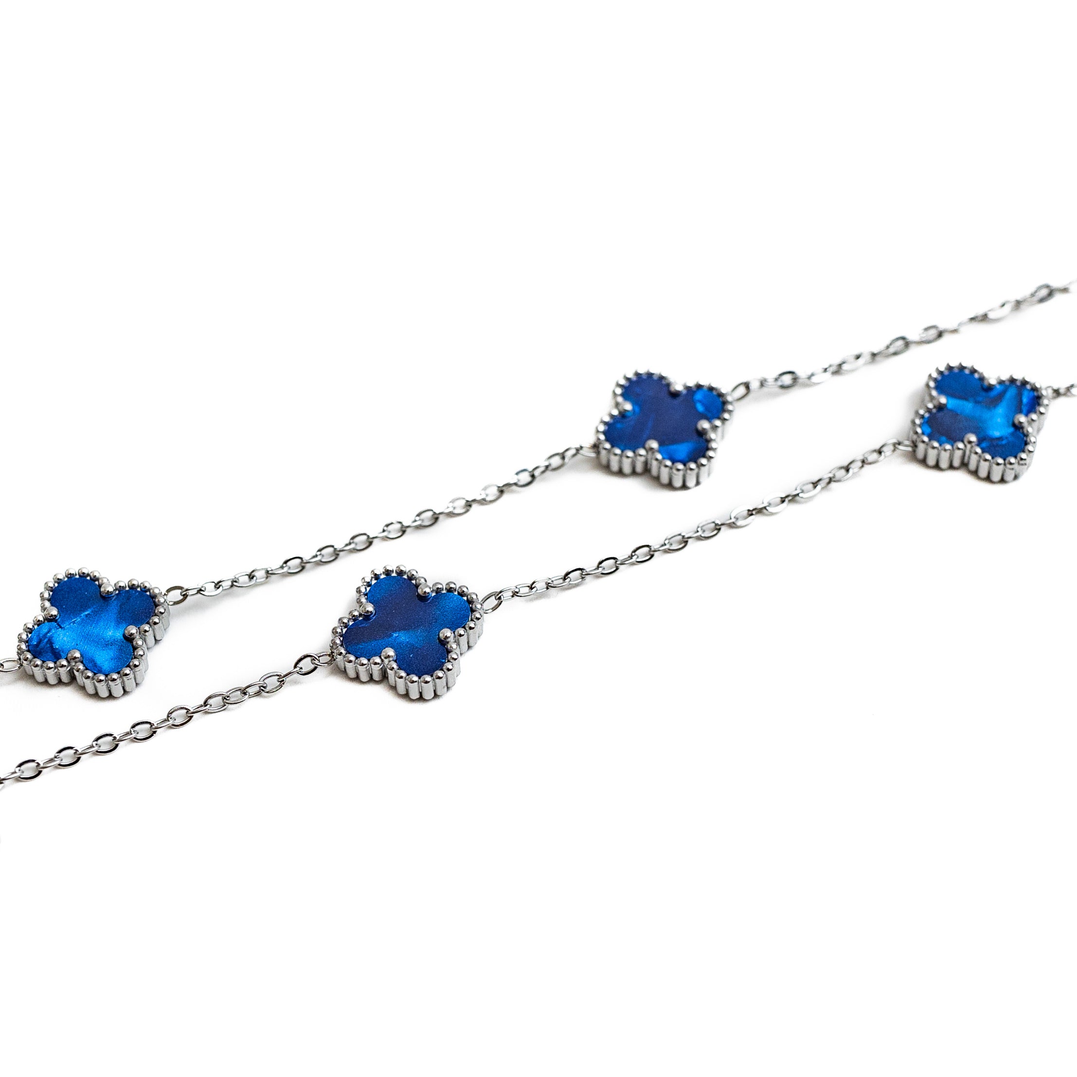 Silver Pearl Clover Necklace (Navy)