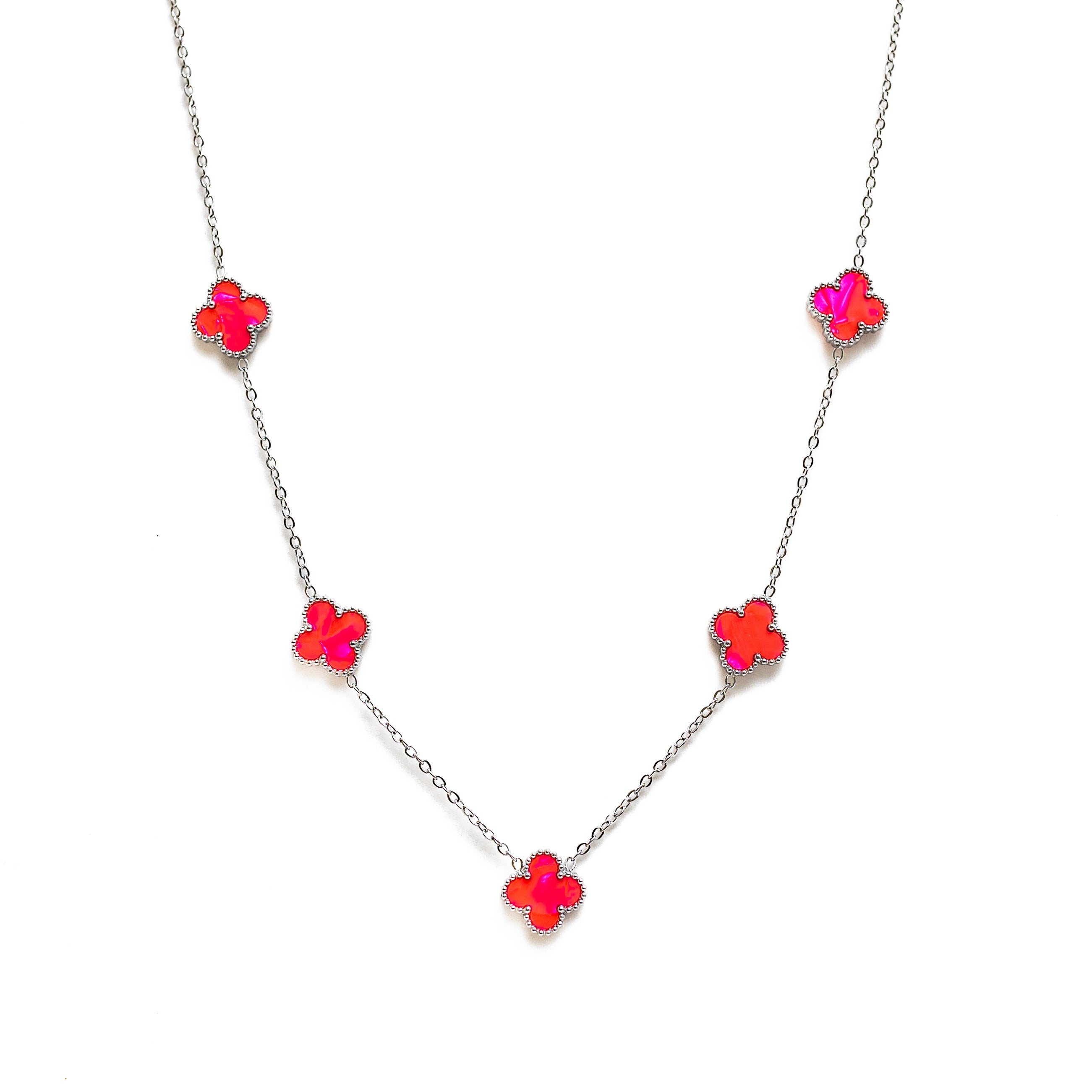 Silver Pearl Clover Necklace (Pink)
