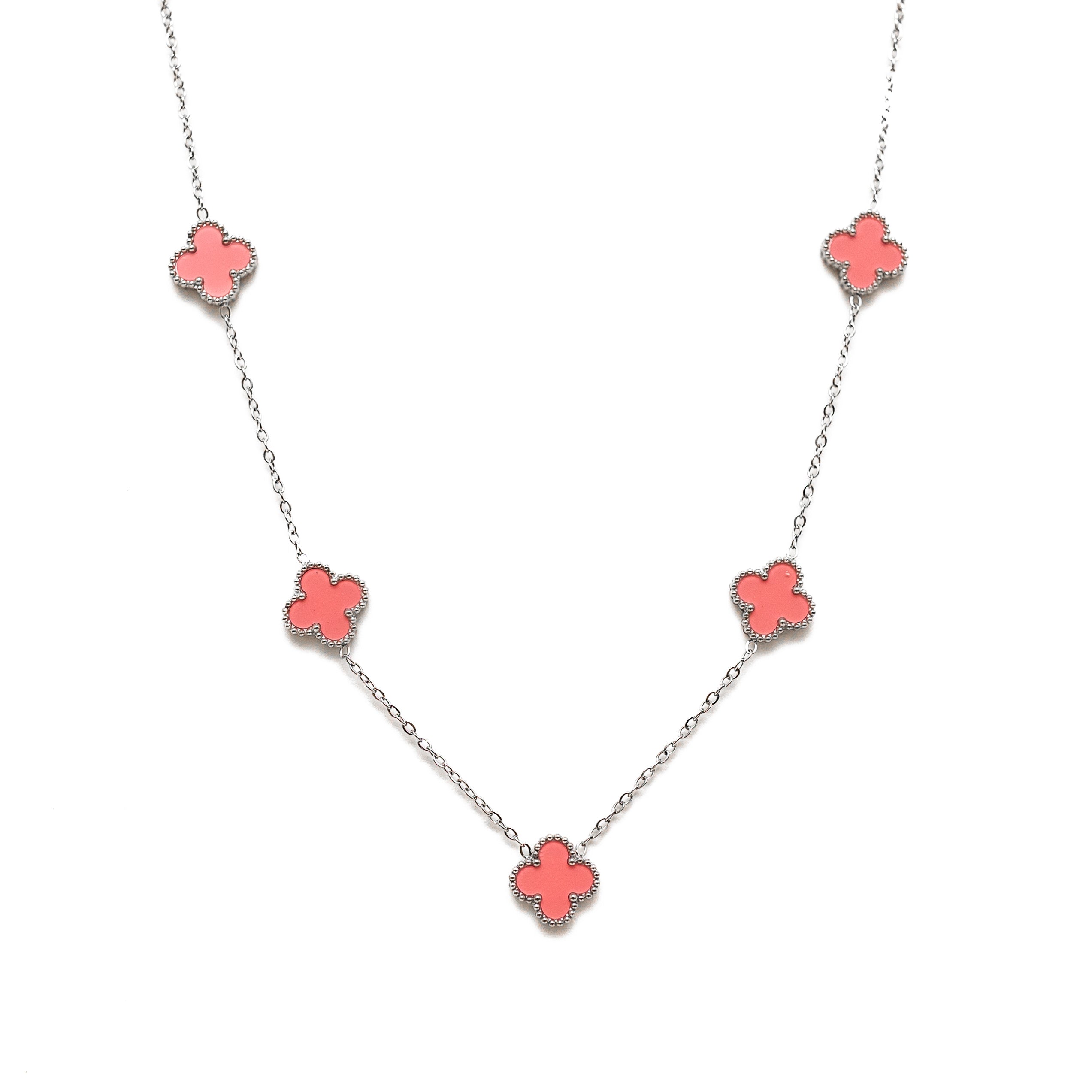 Silver Clover Necklace (Baby Pink)