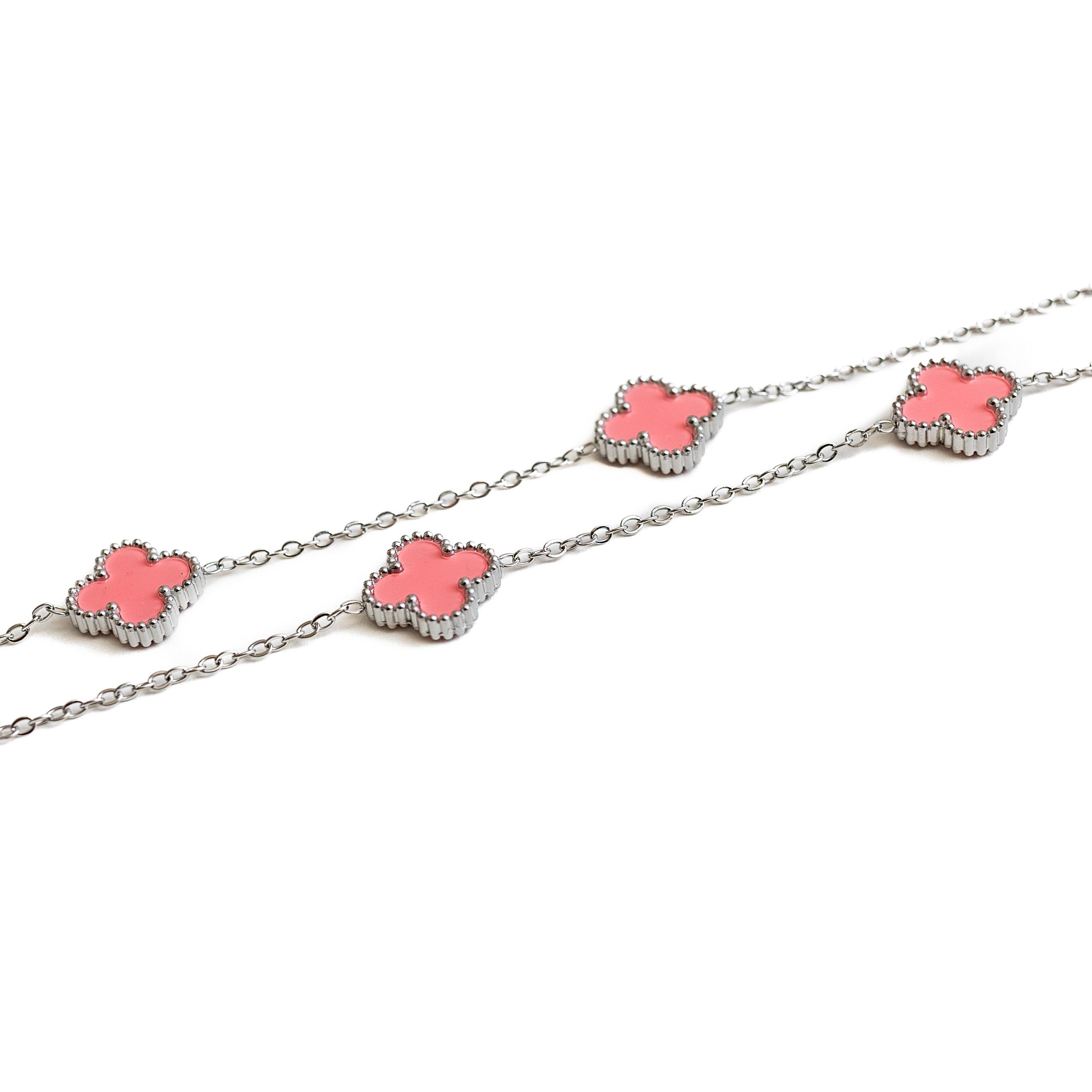 Silver Clover Necklace (Baby Pink)