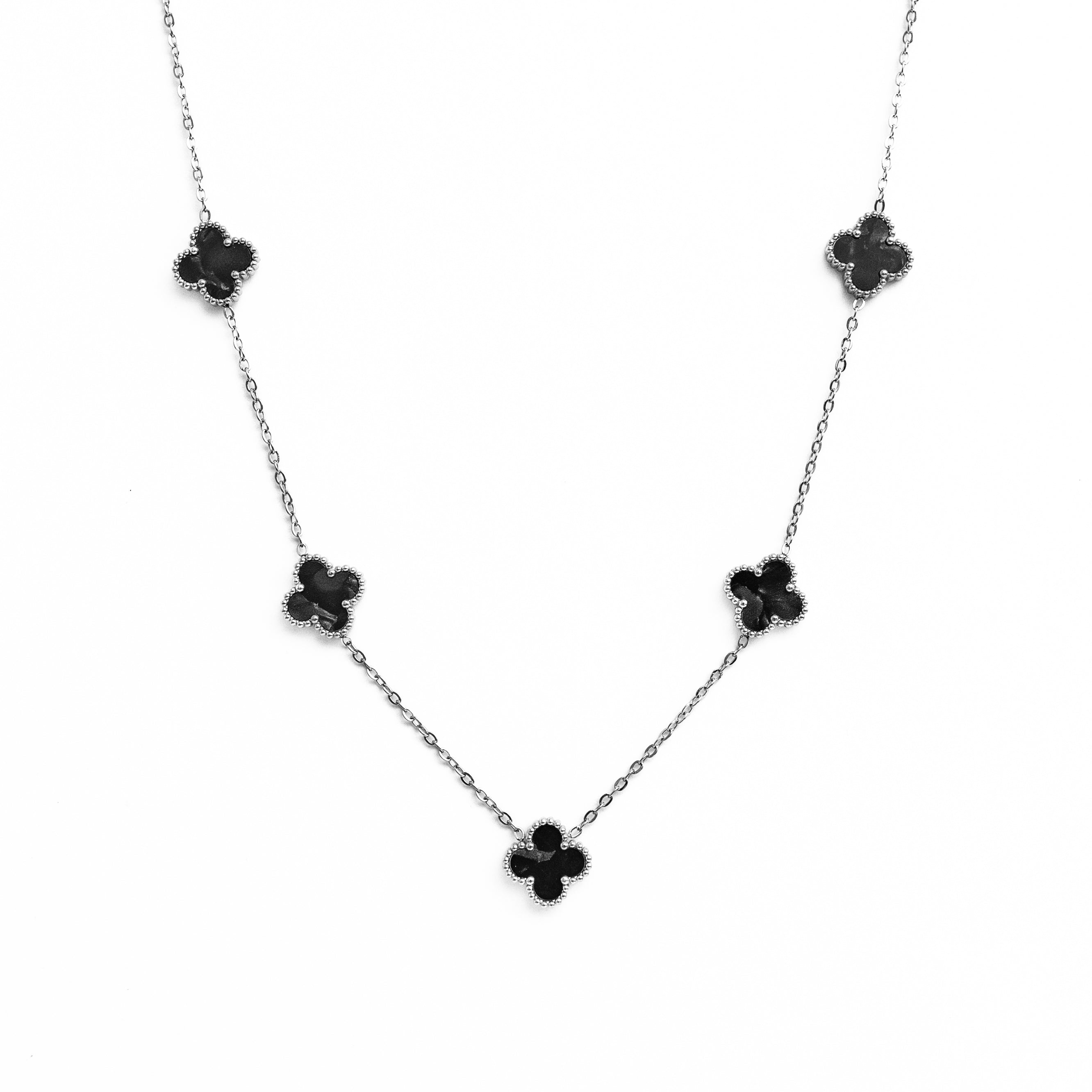 Silver Pearl Clover Necklace (Black)