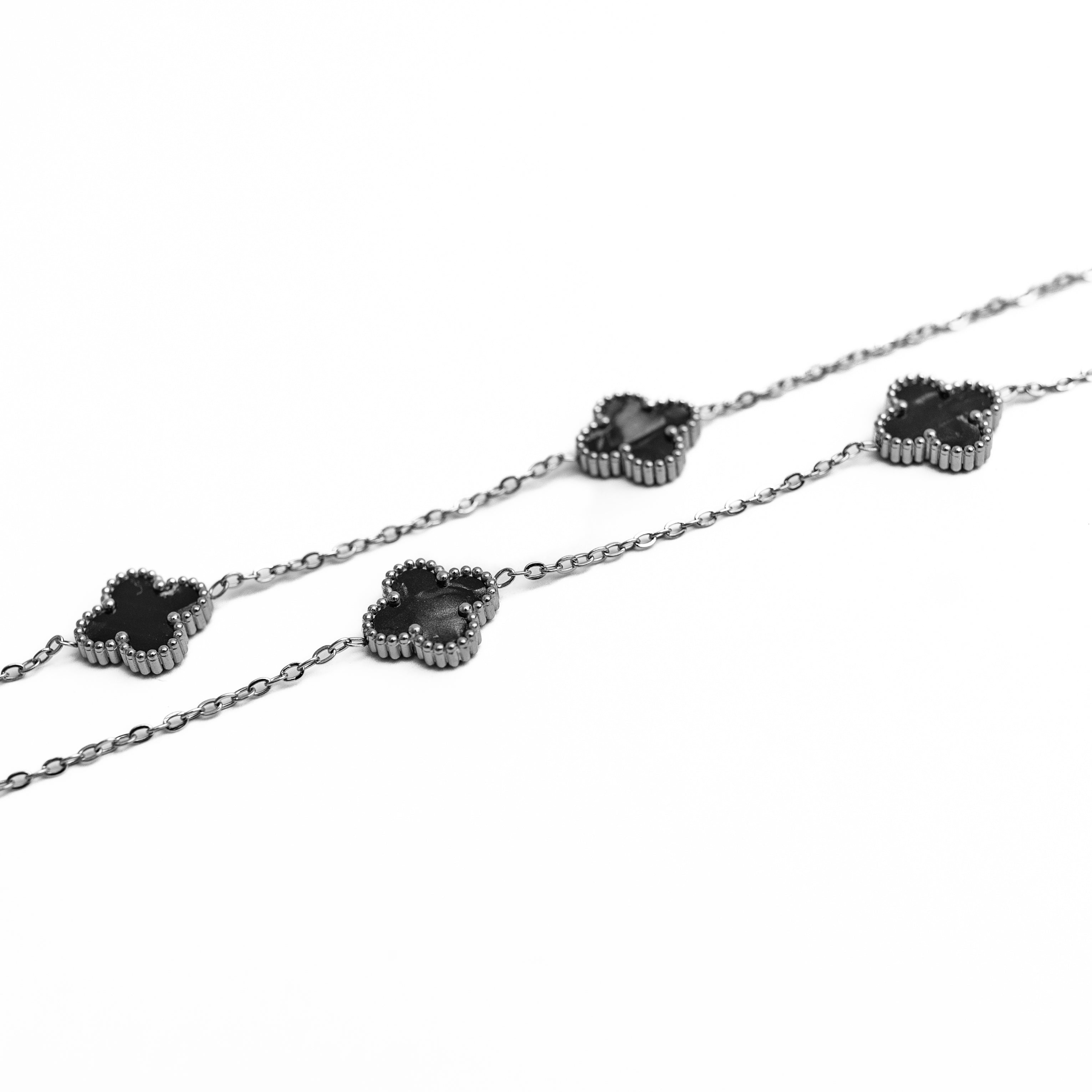 Silver Pearl Clover Necklace (Black)