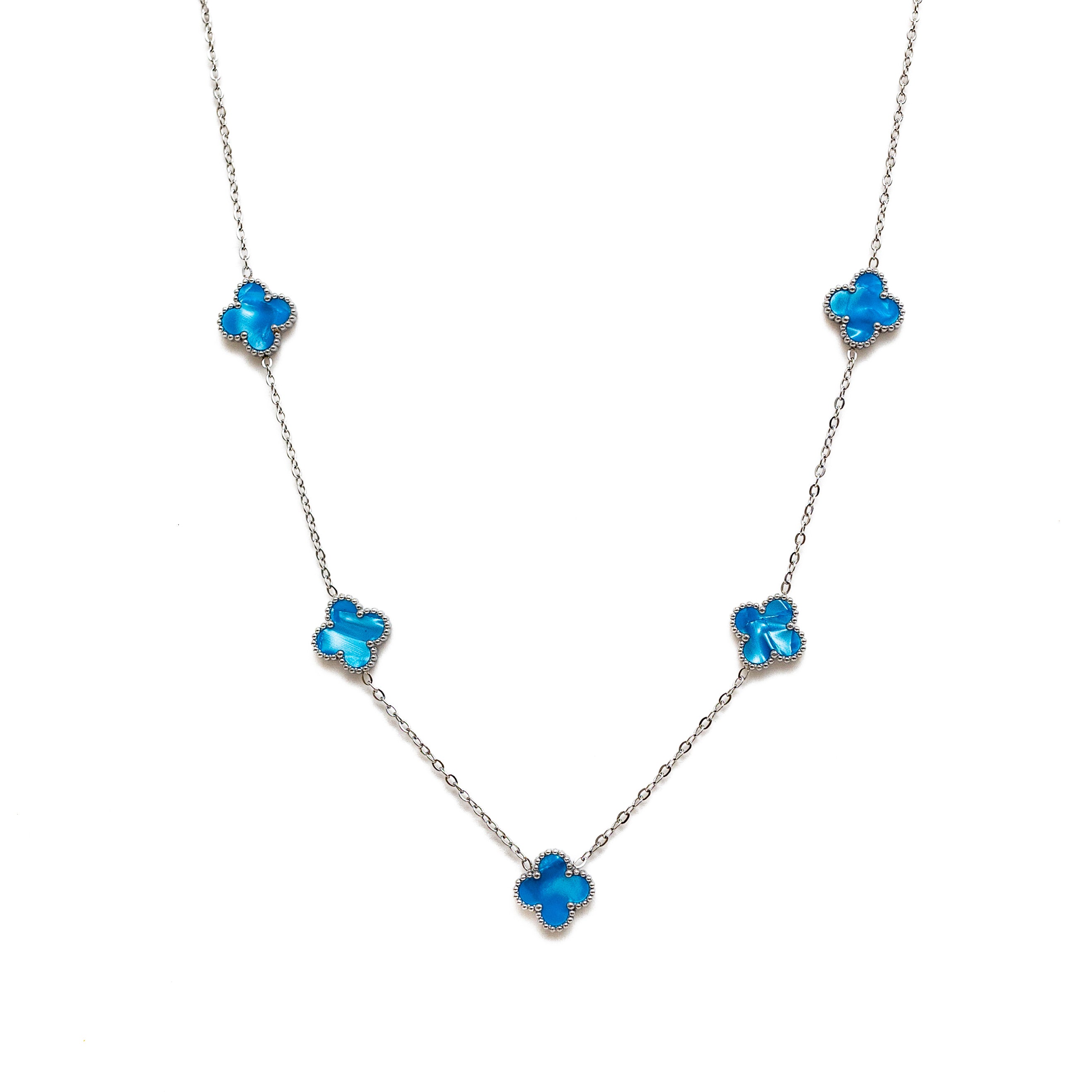 Silver Pearl Clover Necklace (Blue)