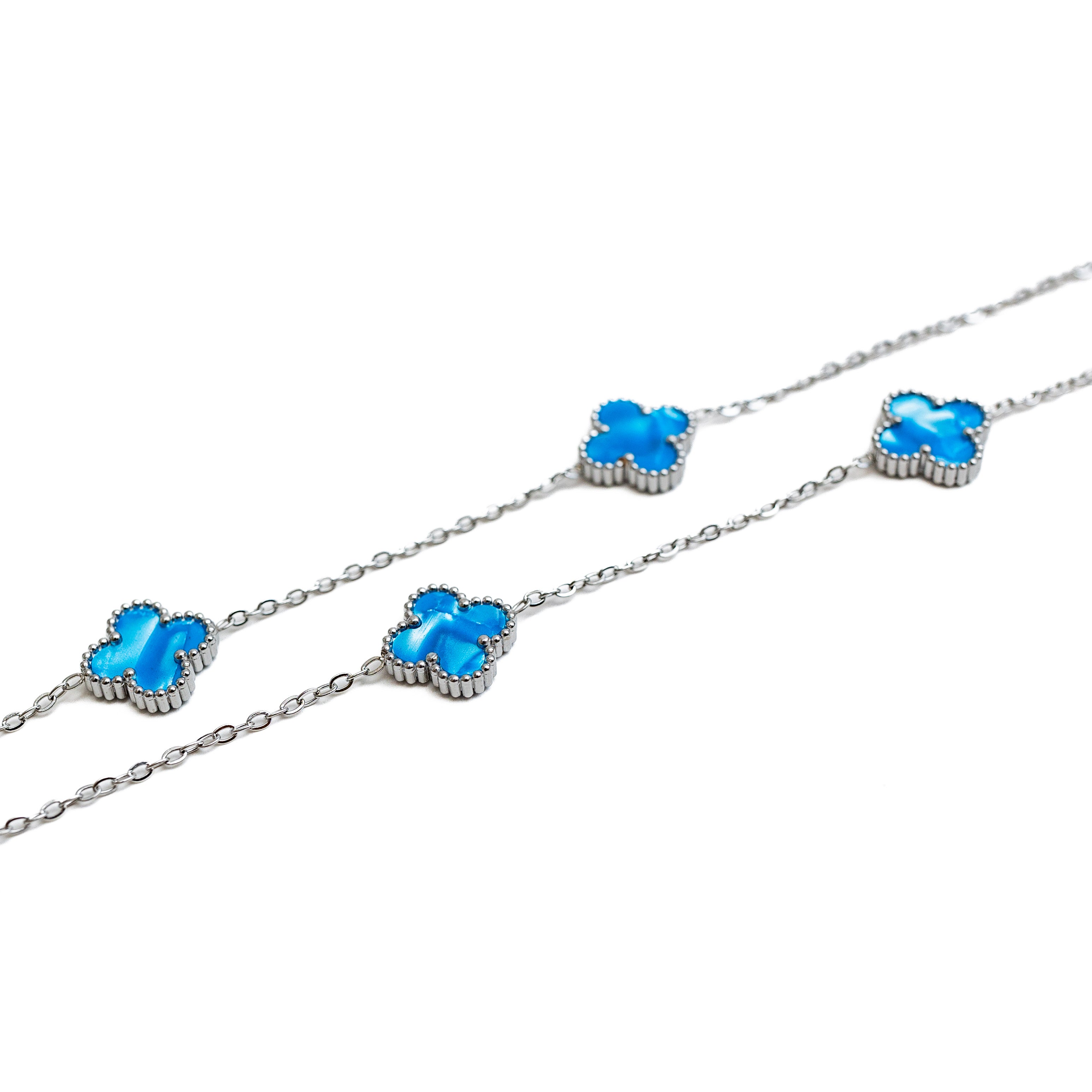 Silver Pearl Clover Necklace (Blue)