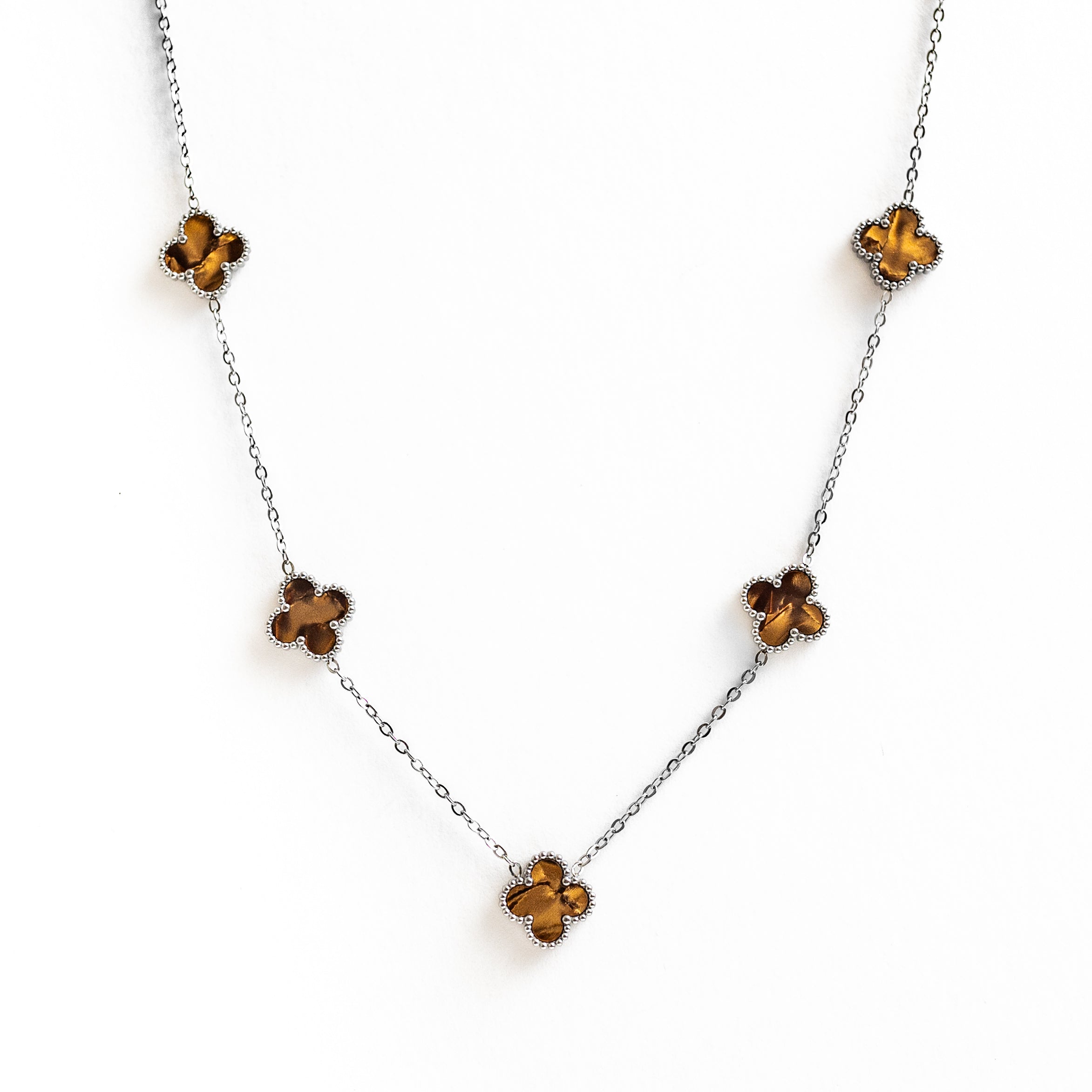 Silver Pearl Clover Necklace (Chocolate)
