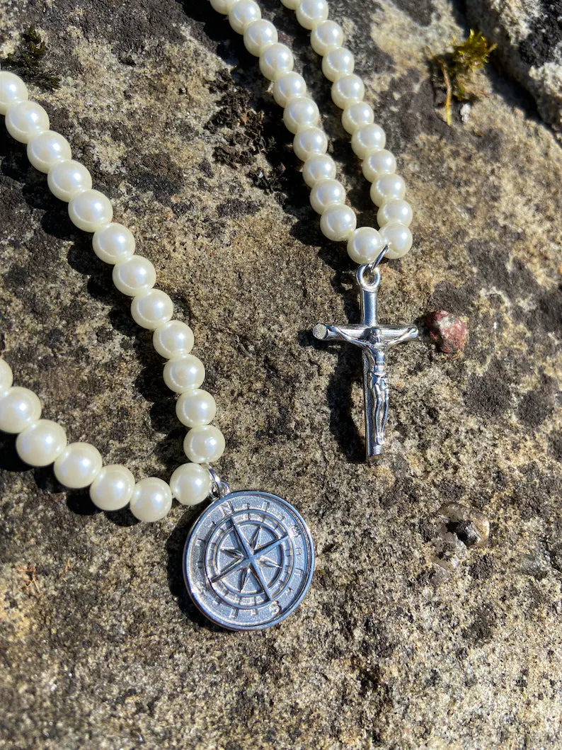 Freshwater Pearl Compass Necklace (Silver) 6mm