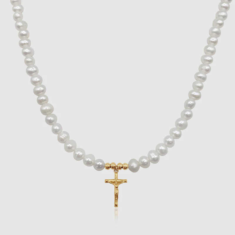 6mm Freshwater Pearl Crucifix Necklace (Gold)