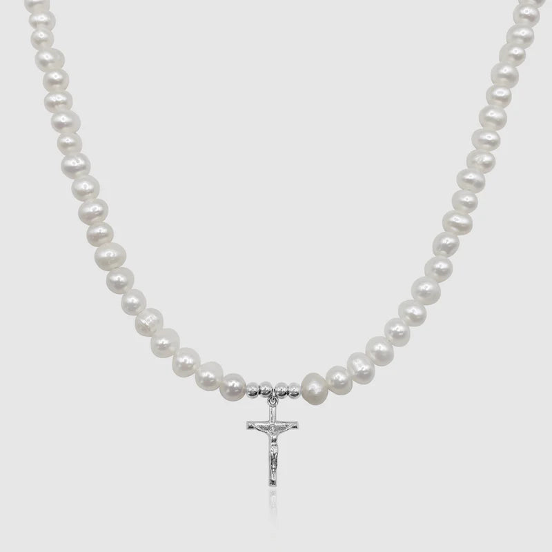 6mm Freshwater Pearl Crucifix Necklace (Silver)