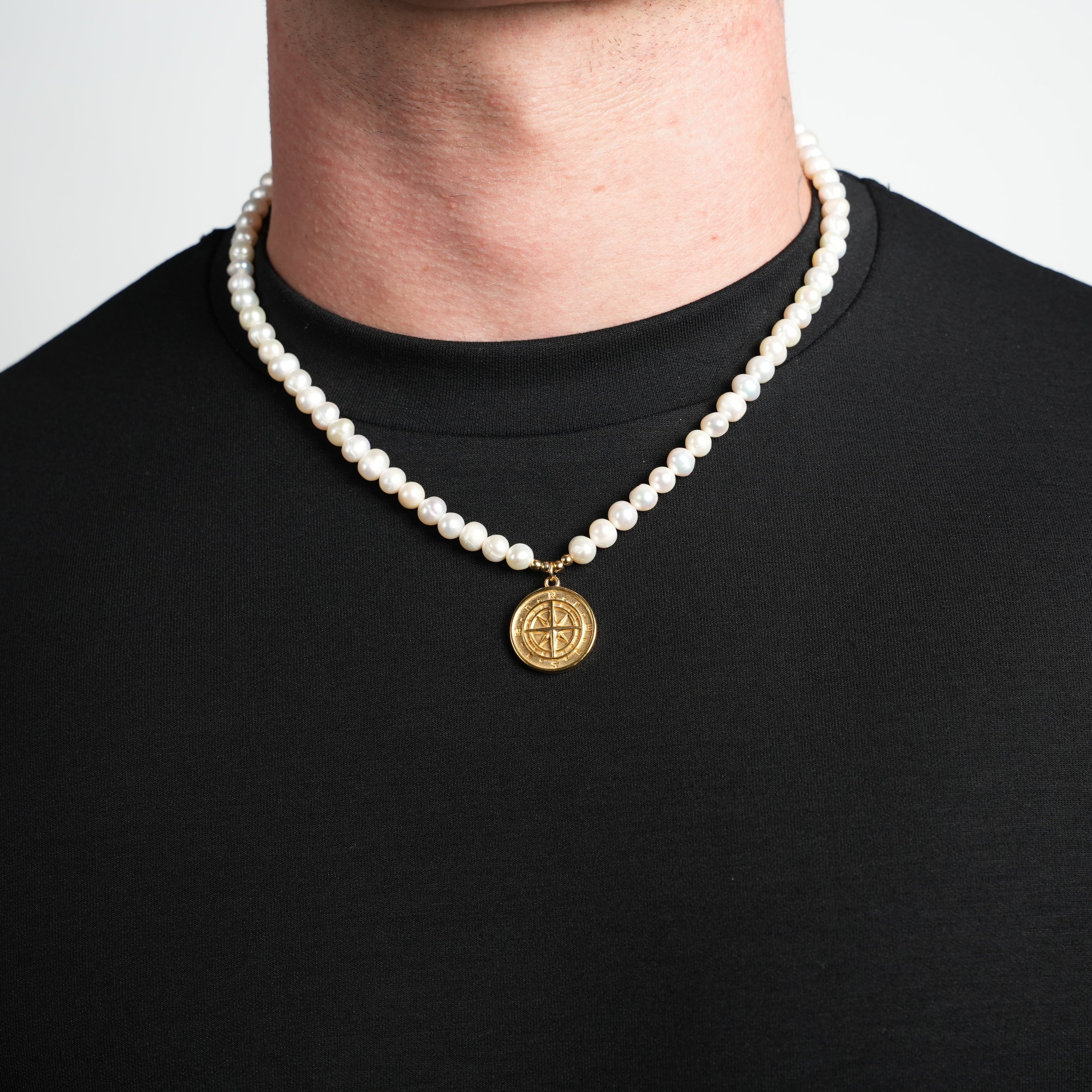 Freshwater Pearl Compass Necklace (Gold) 6mm
