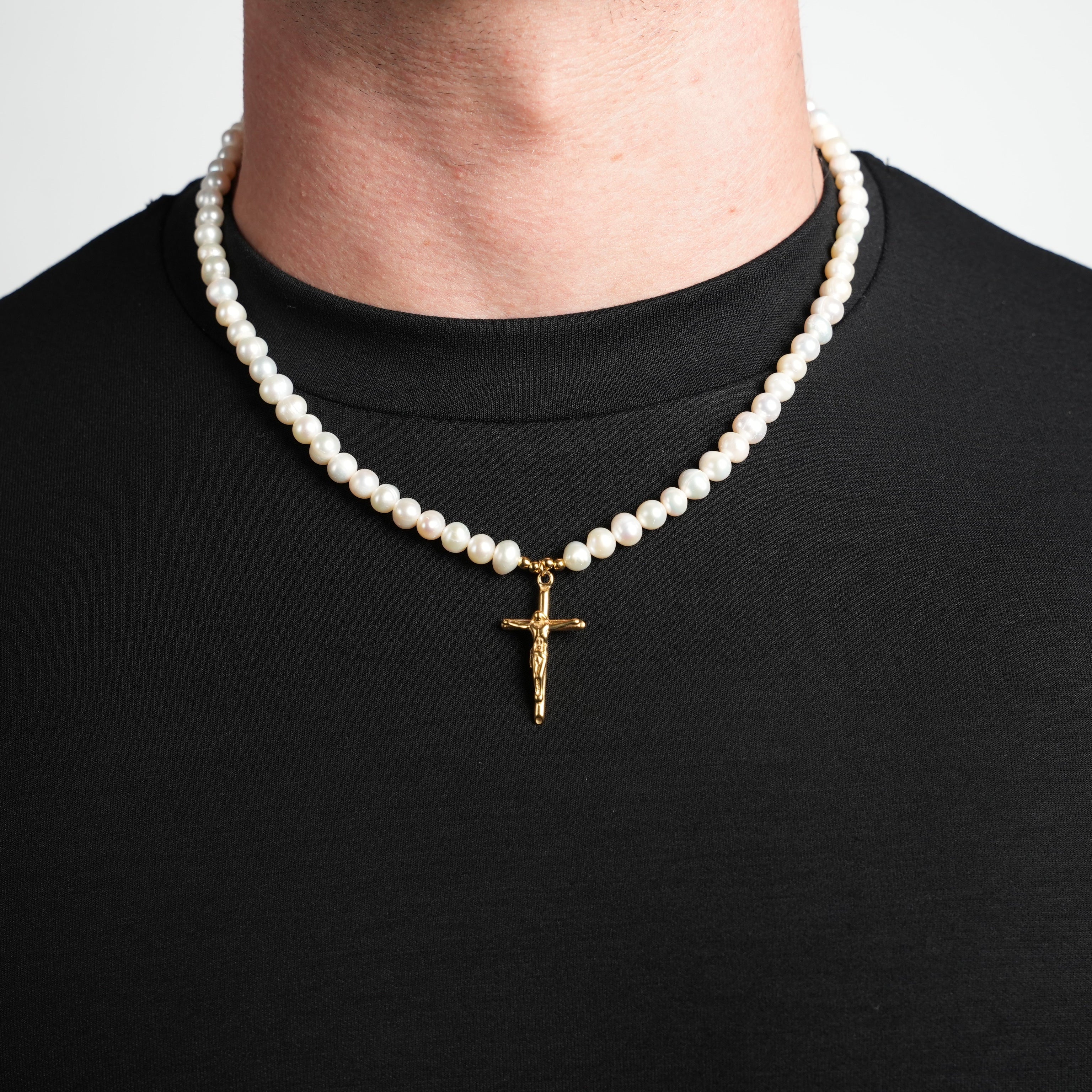 Freshwater Pearl Crucifix Necklace (Gold) 6mm