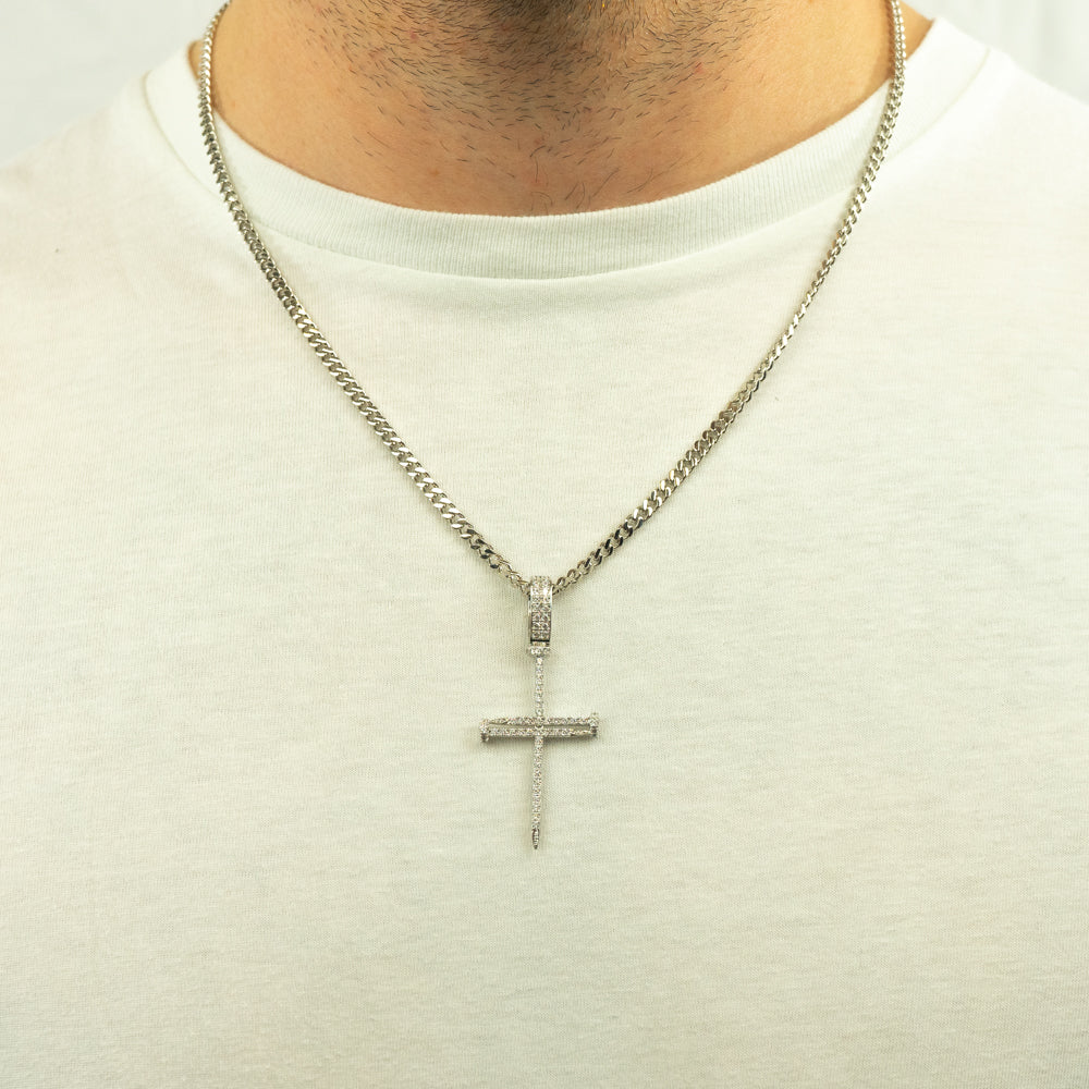 Iced Nail Cross Pendant (Silver)