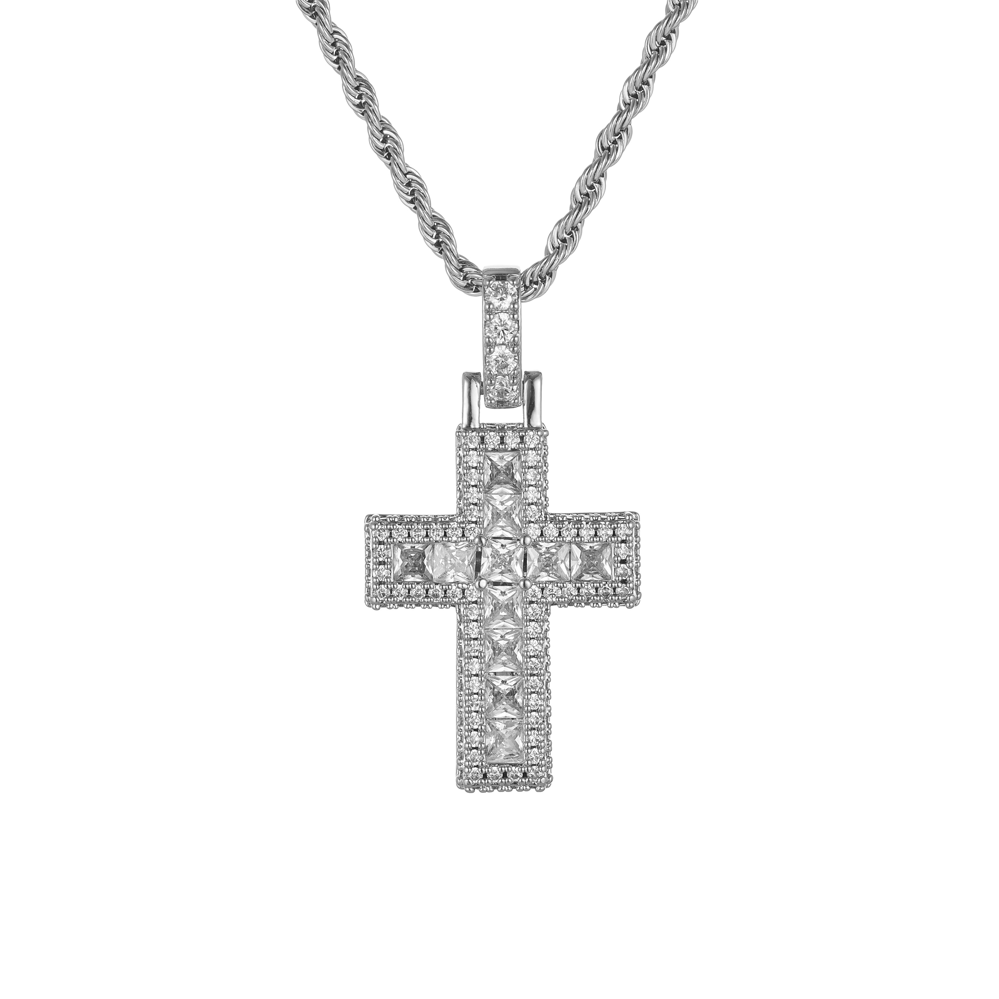 Iced Baguette Cross Pendant (Silver)